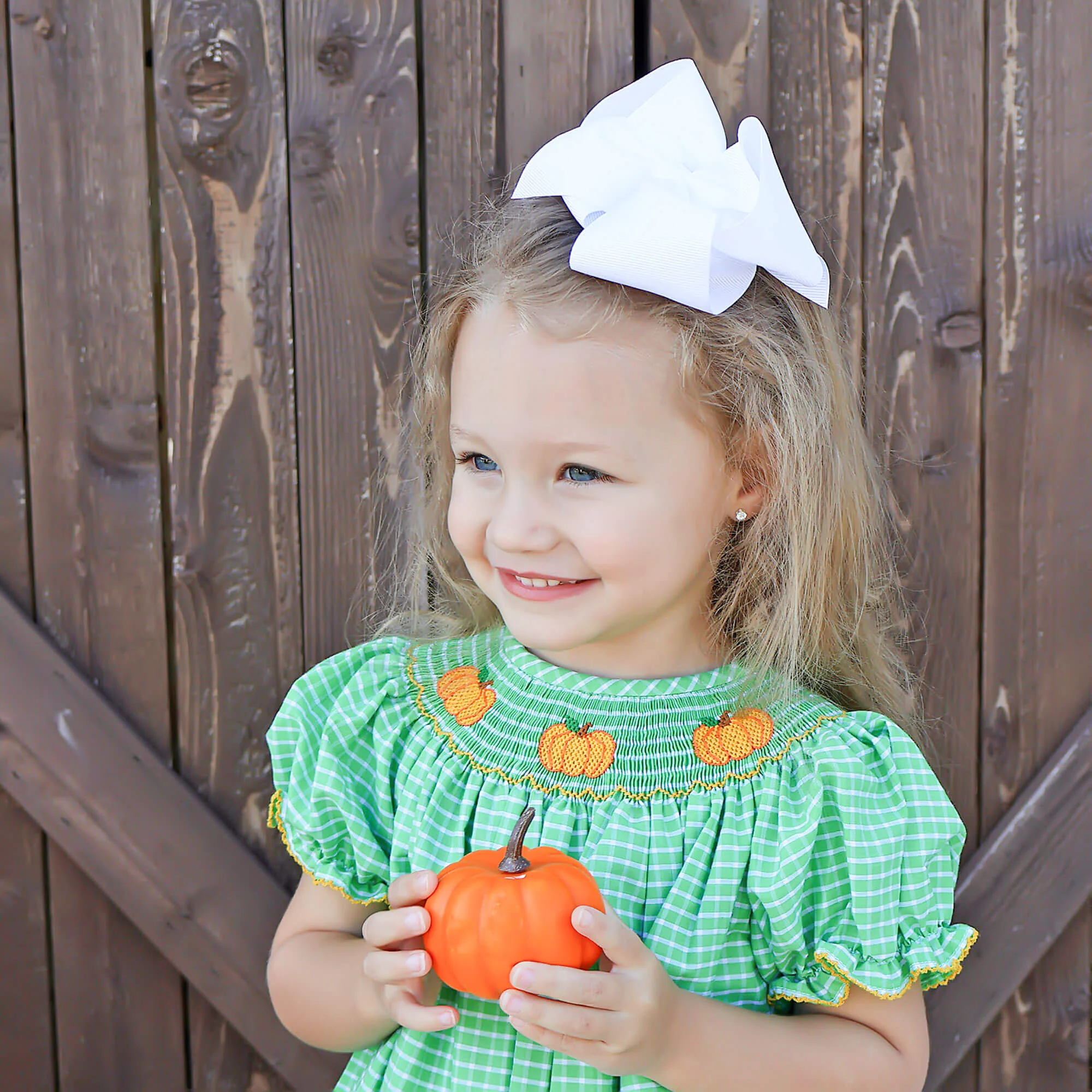 Paradise Pumpkin  Smocked Green Windowpane Bubble - Image 5