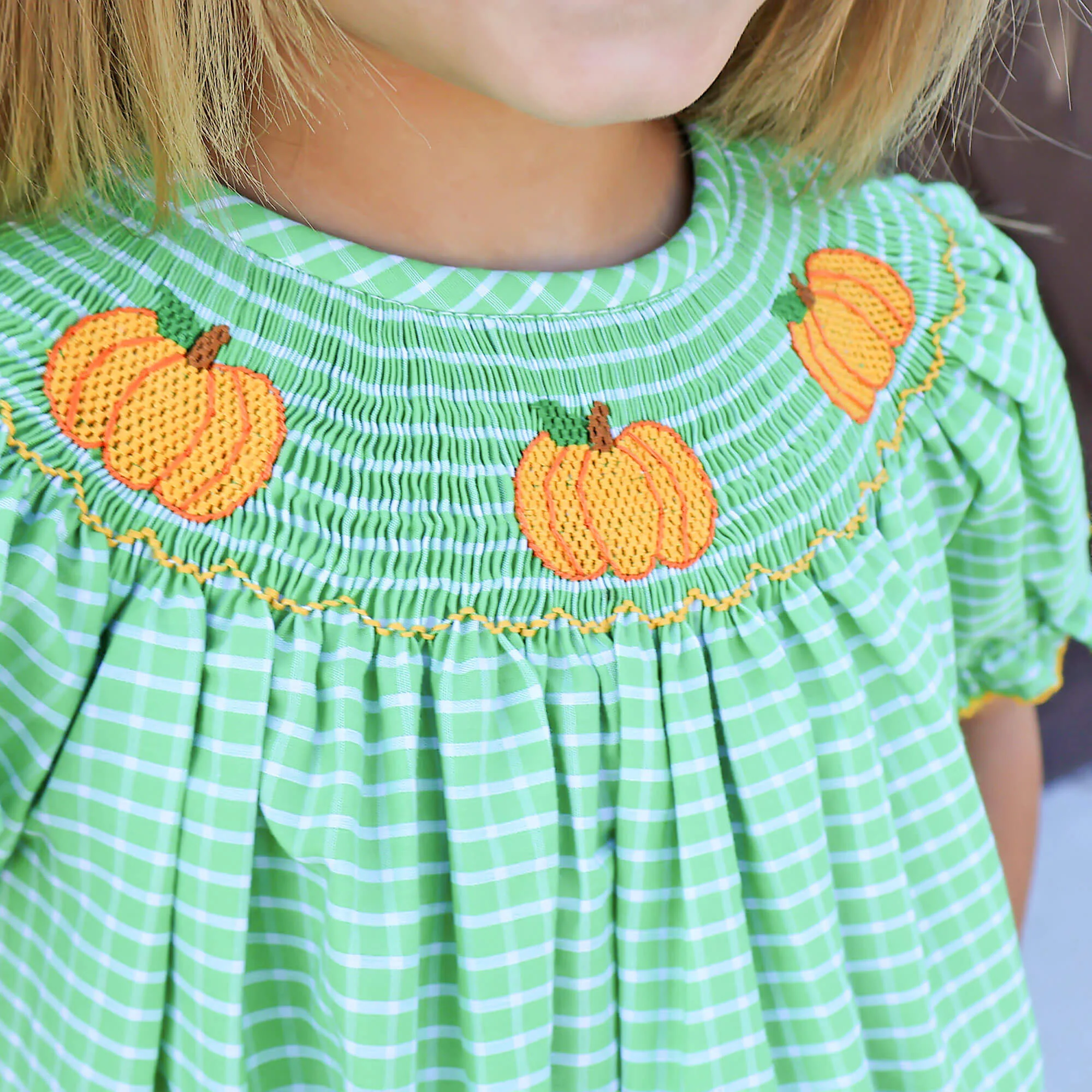 Paradise Pumpkin Smocked Green Windowpane Bishop Dress - Image 3