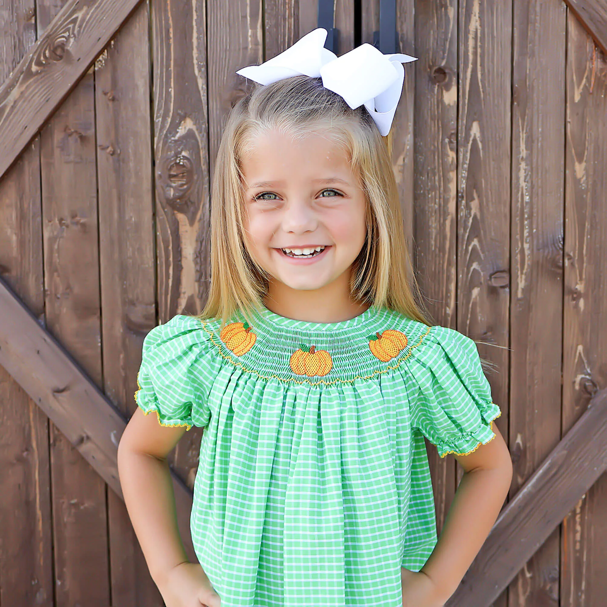 Paradise Pumpkin Smocked Green Windowpane Bishop Dress - Image 5