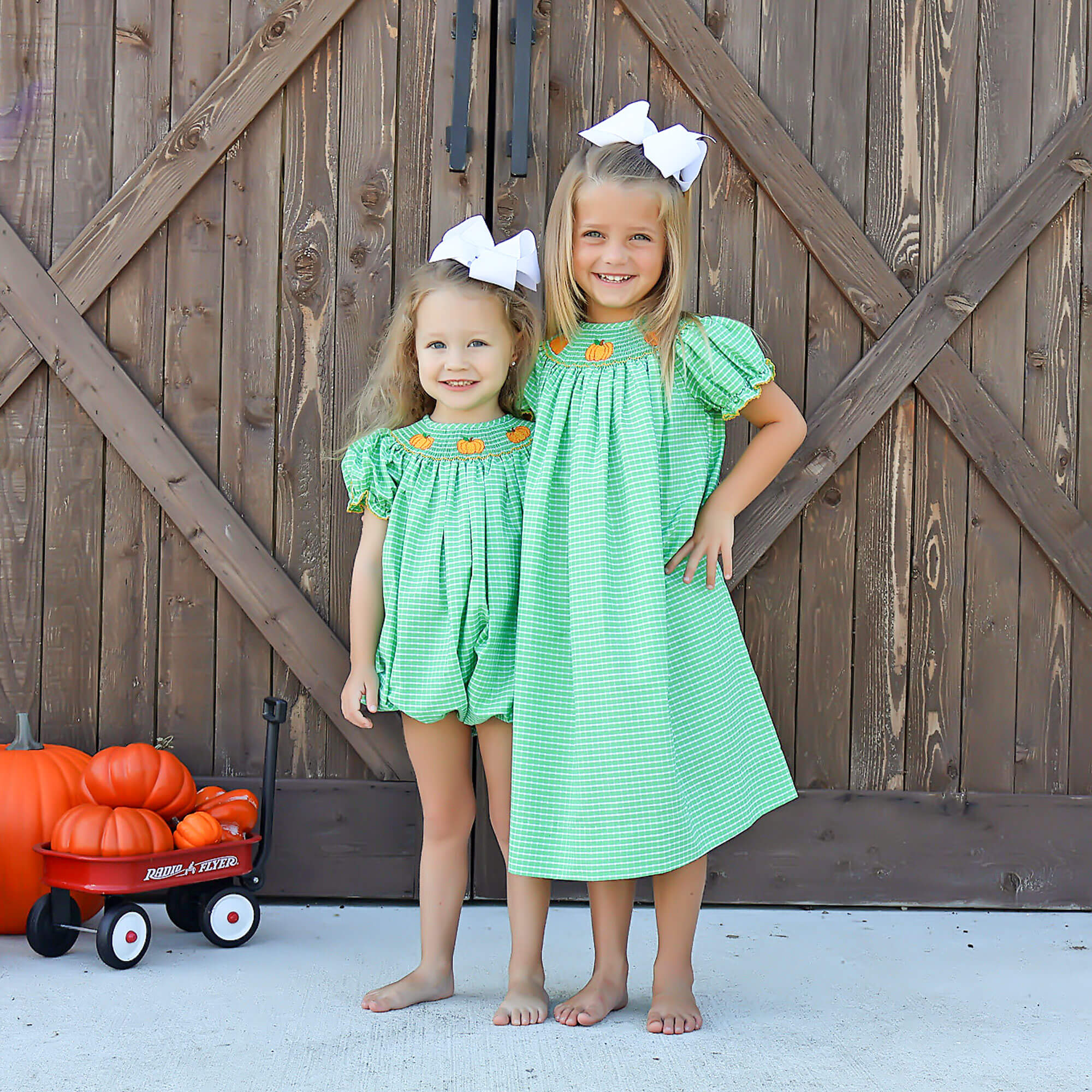 Paradise Pumpkin Smocked Green Windowpane Bishop Dress - Image 6