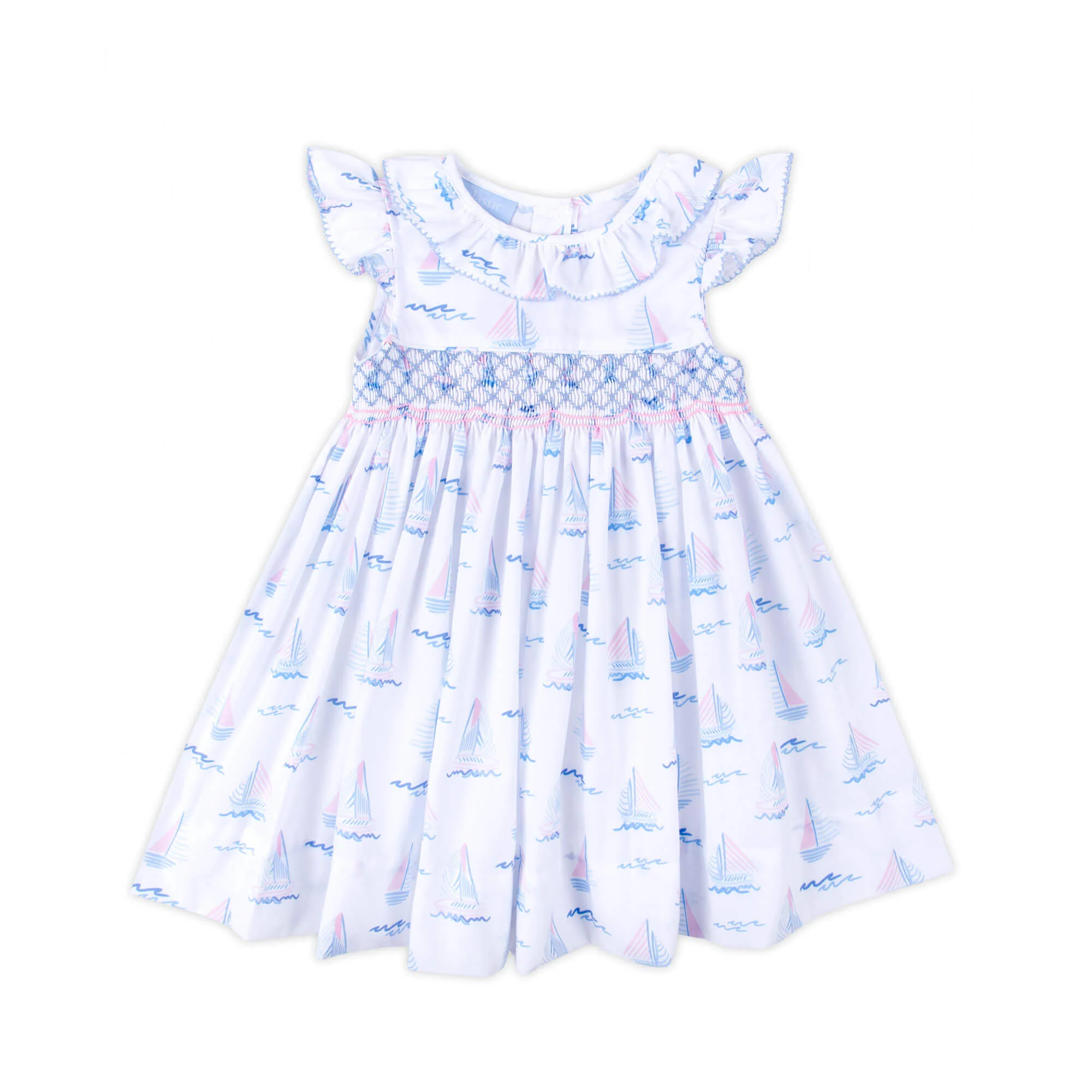 Pastel Sailboat Blue Smocked Collared Dress - Image 2