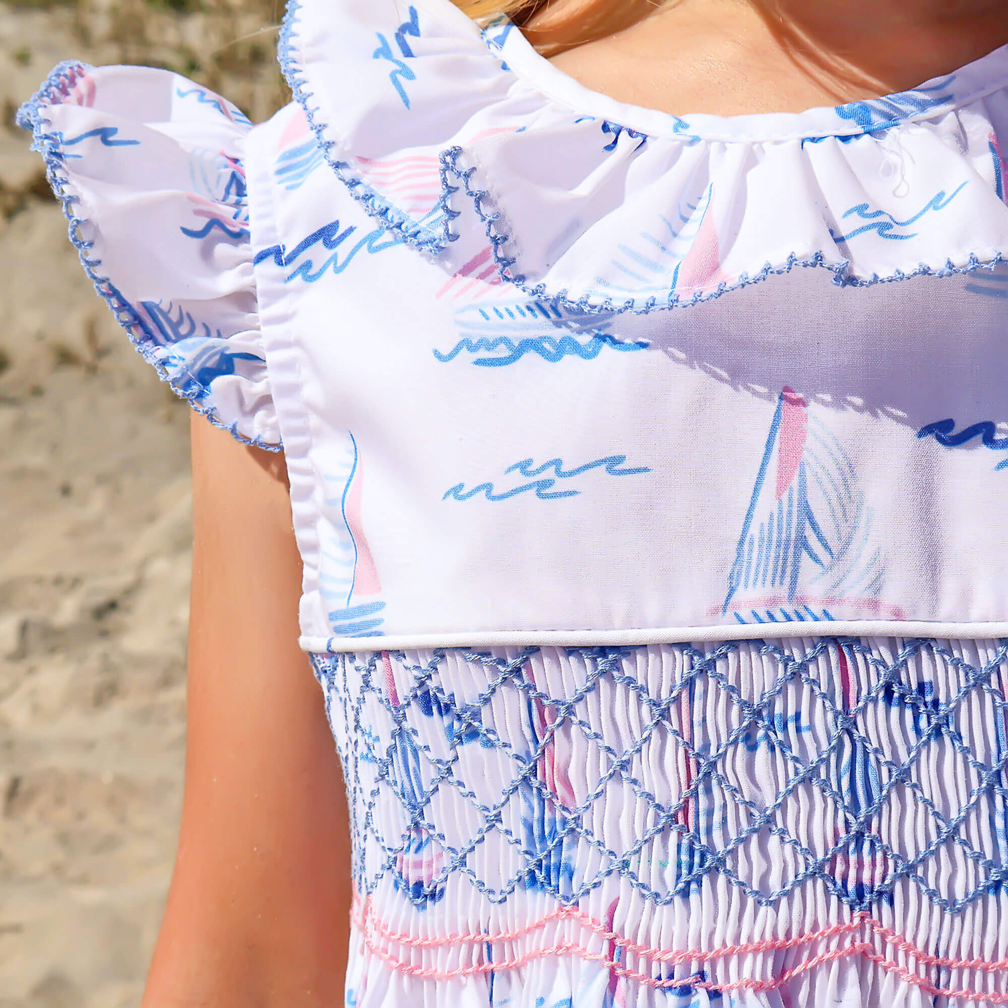 Pastel Sailboat Blue Smocked Collared Dress - Image 3