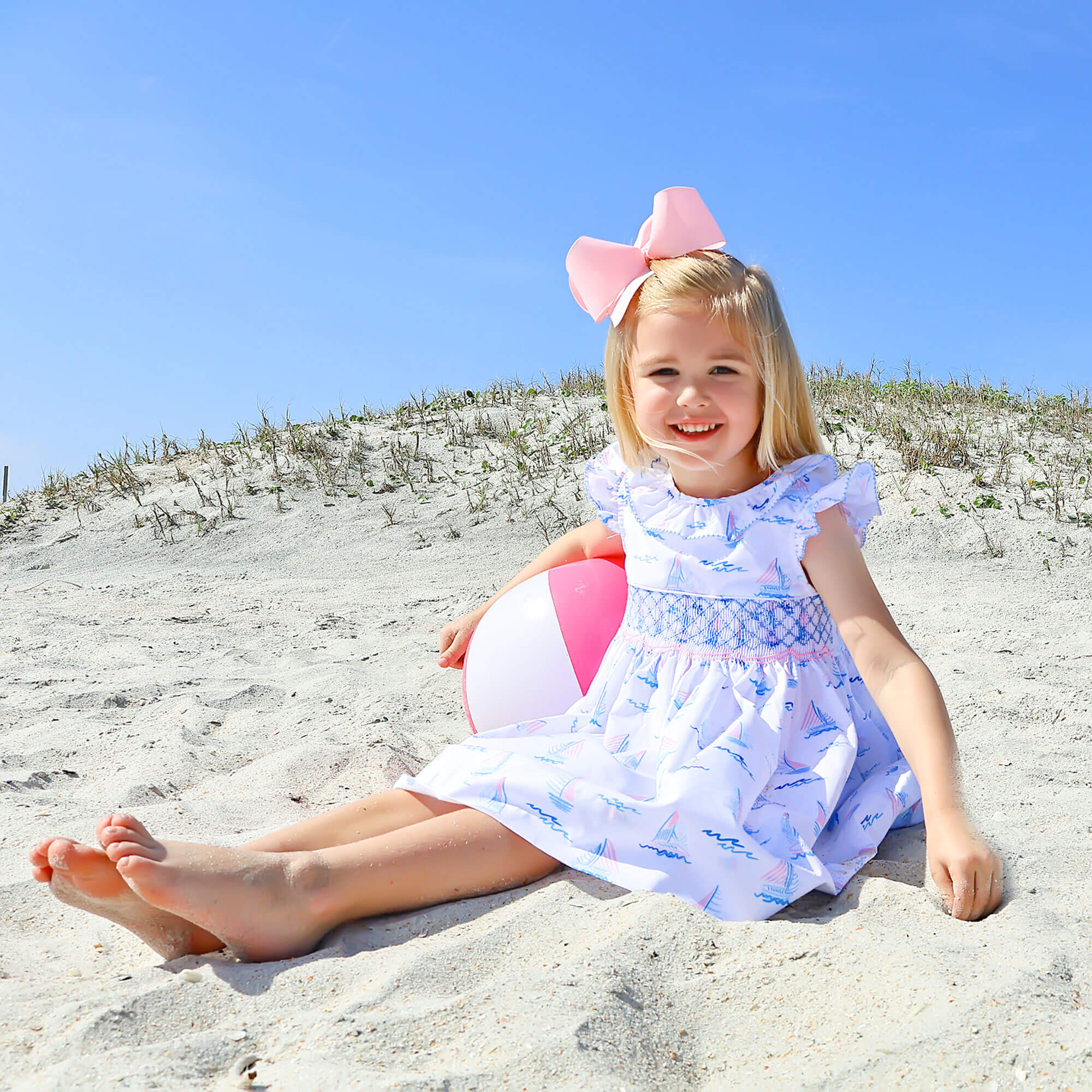 Pastel Sailboat Blue Smocked Collared Dress - Image 4