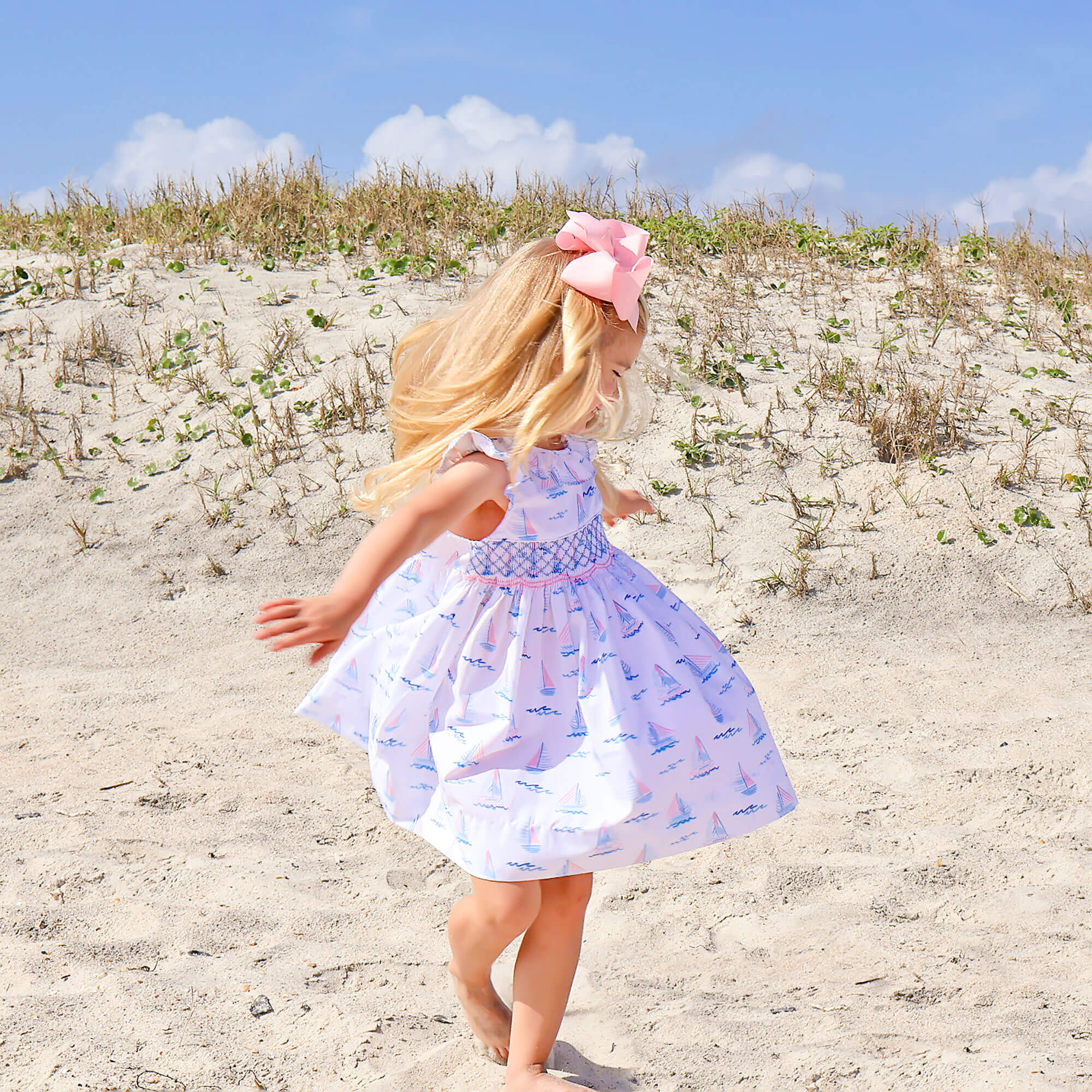 Pastel Sailboat Blue Smocked Collared Dress - Image 5