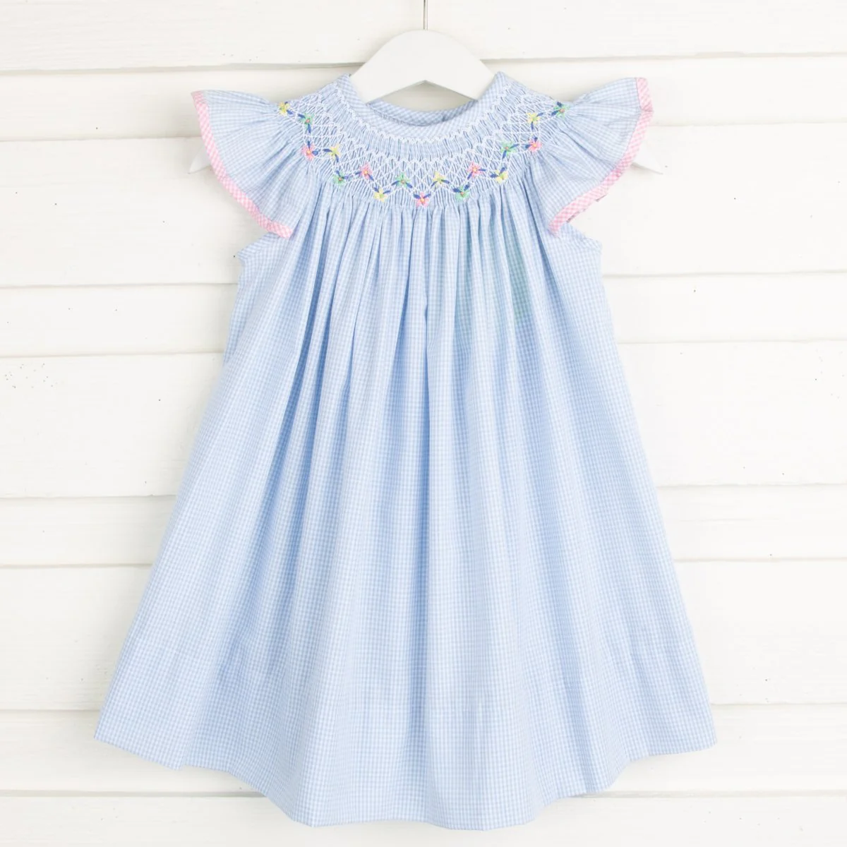 Peach Floral Smocked Dress Light Blue Gingham - Image 2