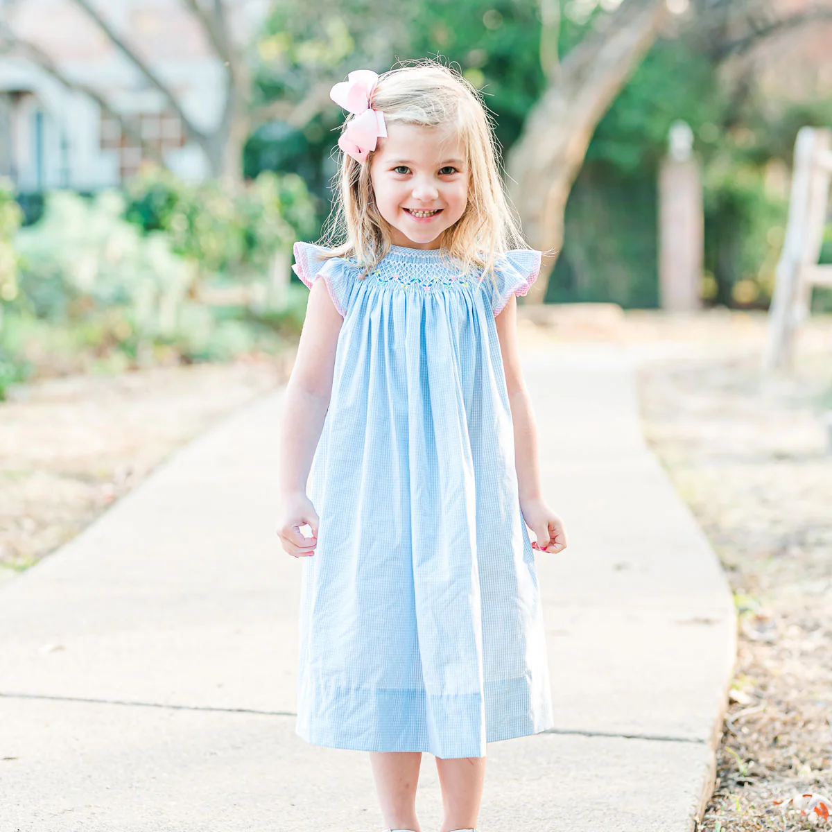 Peach Floral Smocked Dress Light Blue Gingham - Image 3