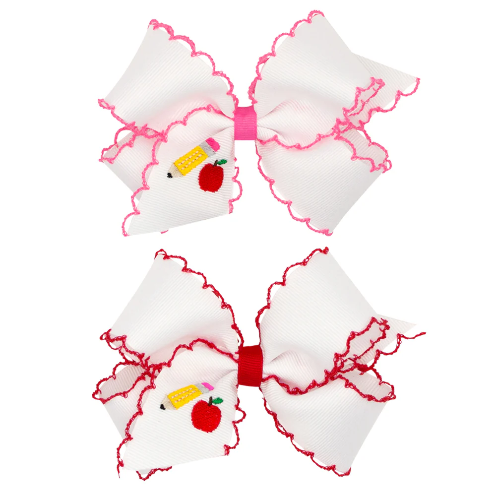 Pencil & Apple Embroidered Moonstitch Bow - Image 2