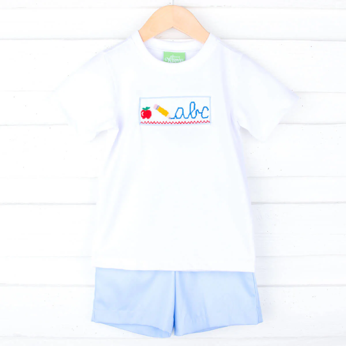 Pencil Smocked Light Blue Pique Short Set - Image 3