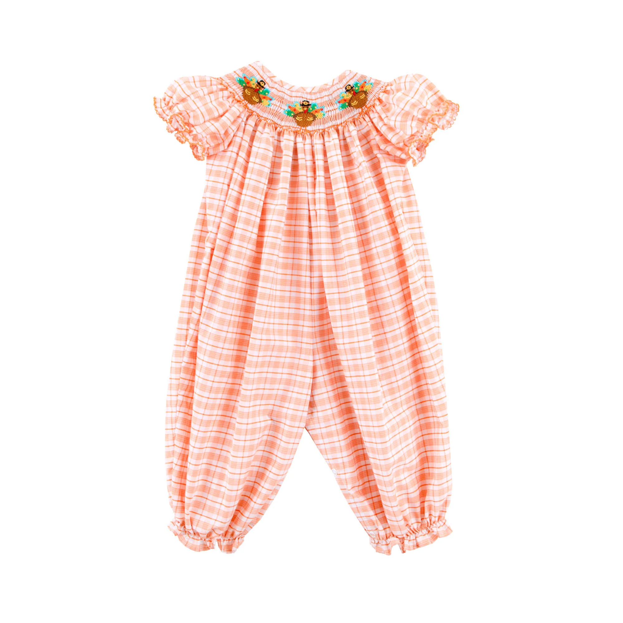 Pilgrim Turkey Smocked Orange Plaid Long Bubble - Image 2