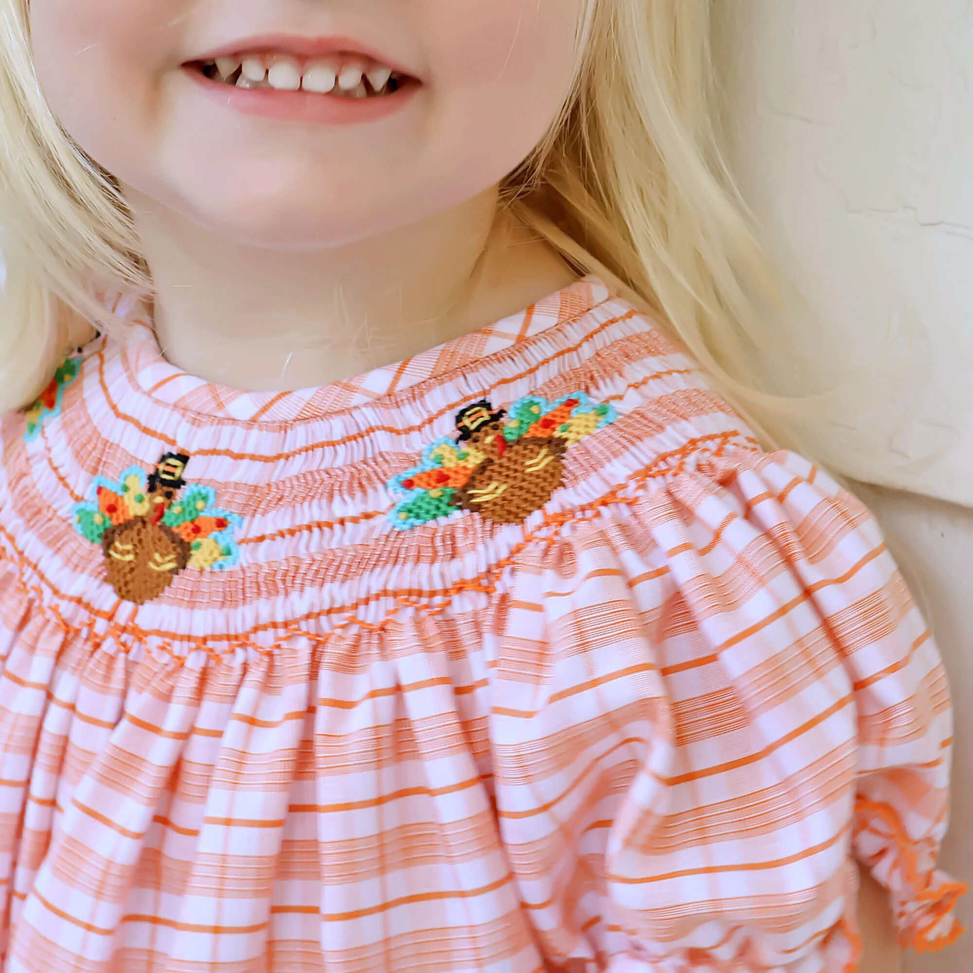 Pilgrim Turkey Smocked Orange Plaid Long Bubble - Image 3