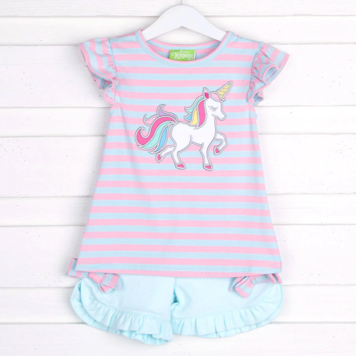 Pink and Blue Stripe Unicorn Milly Short Set - Image 2