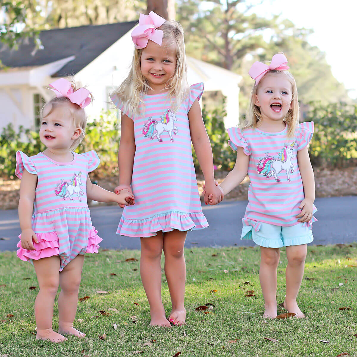 Pink and Blue Stripe Unicorn Milly Short Set - Image 3