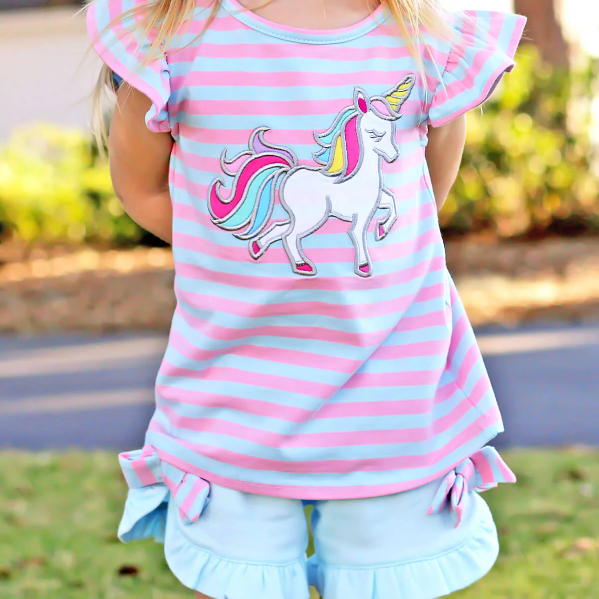 Pink and Blue Stripe Unicorn Milly Short Set - Image 4