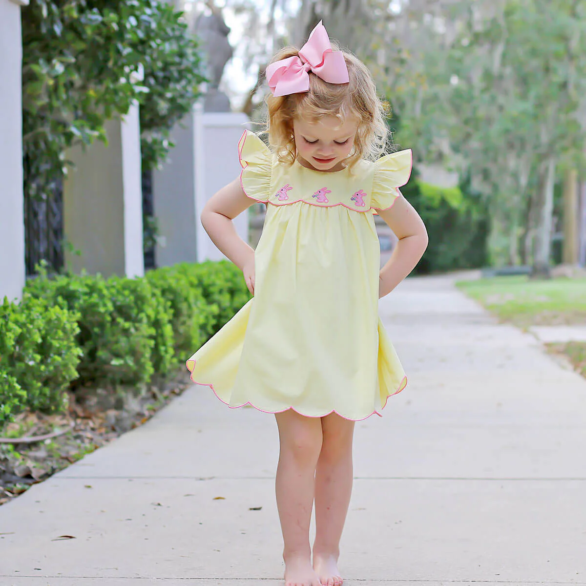 Pink Bunnies Yellow Scalloped Amelia Dress - Image 4