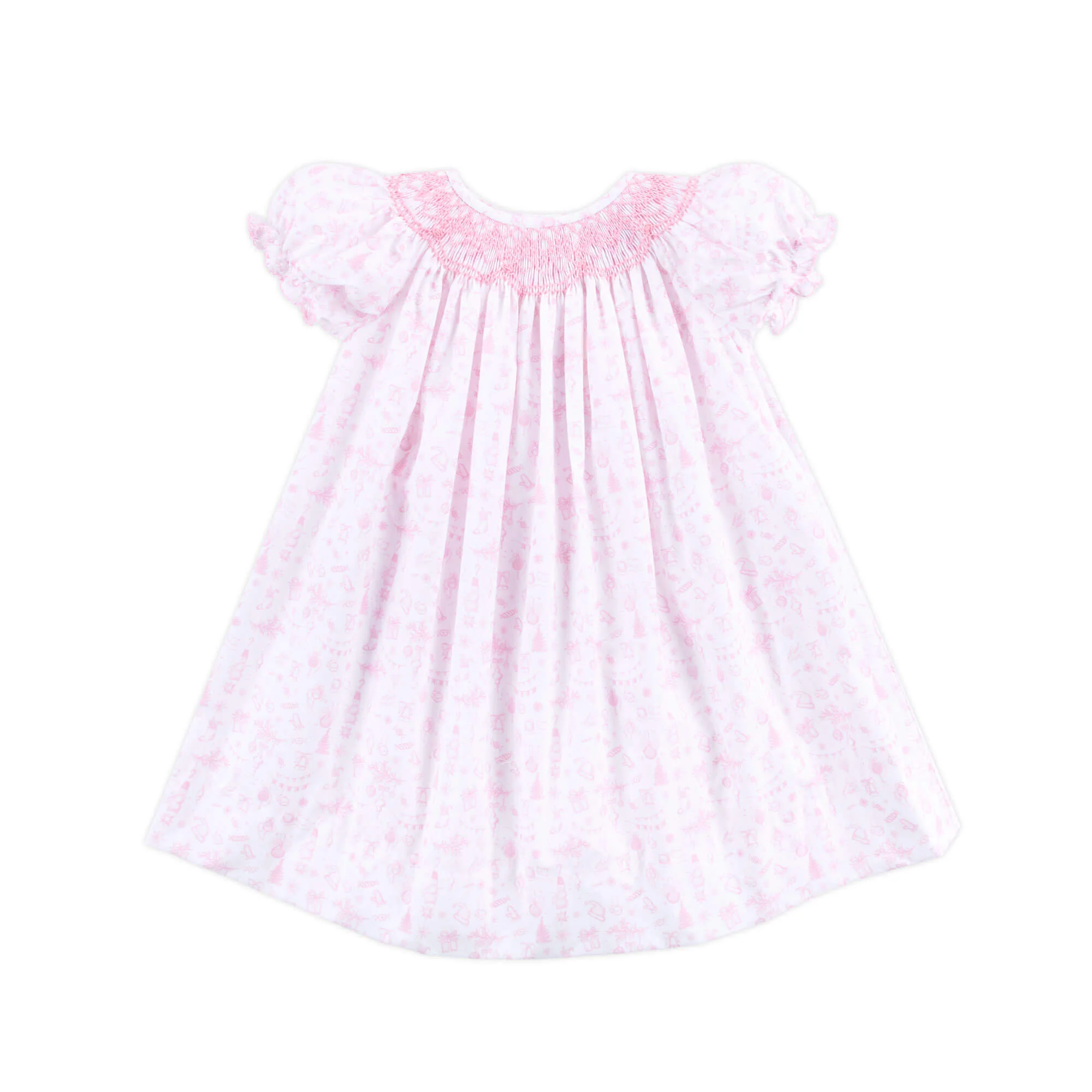 Pink Christmas Print Smocked Bishop Dress - Image 3