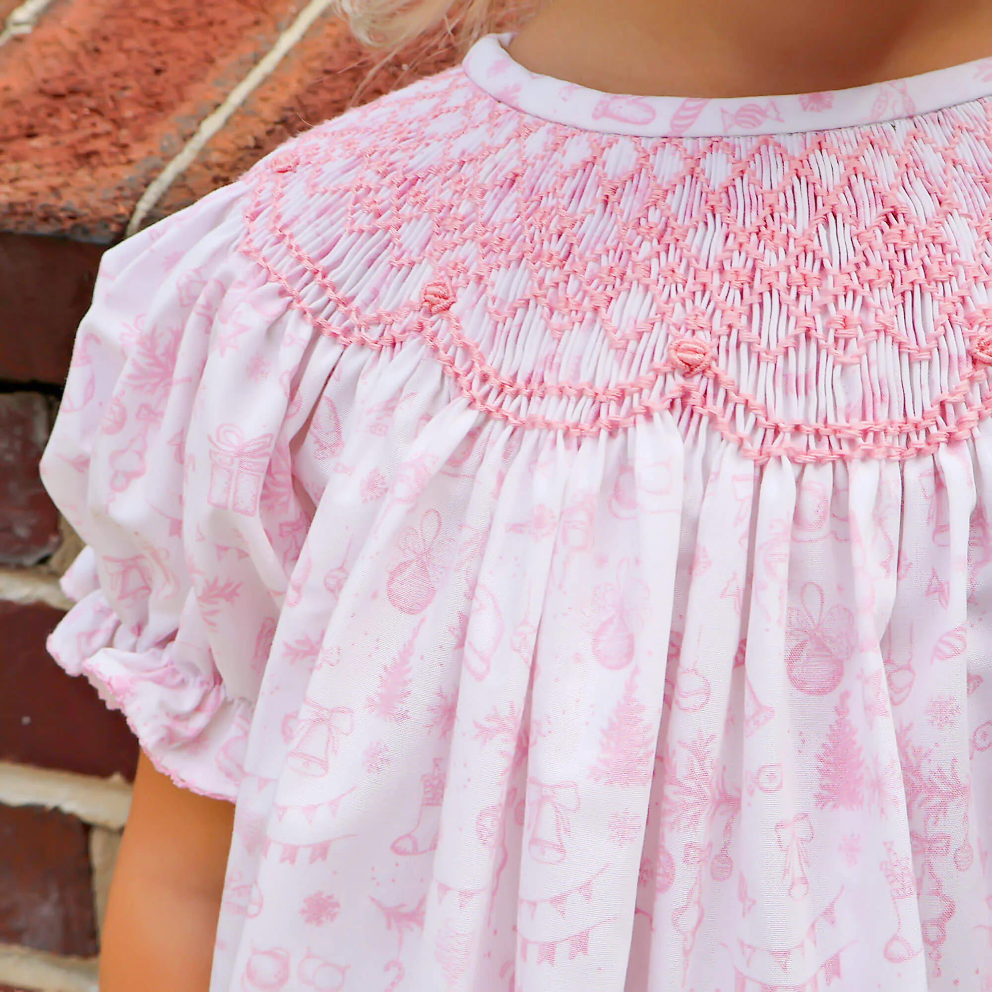 Pink Christmas Print Smocked Bishop Dress - Image 4