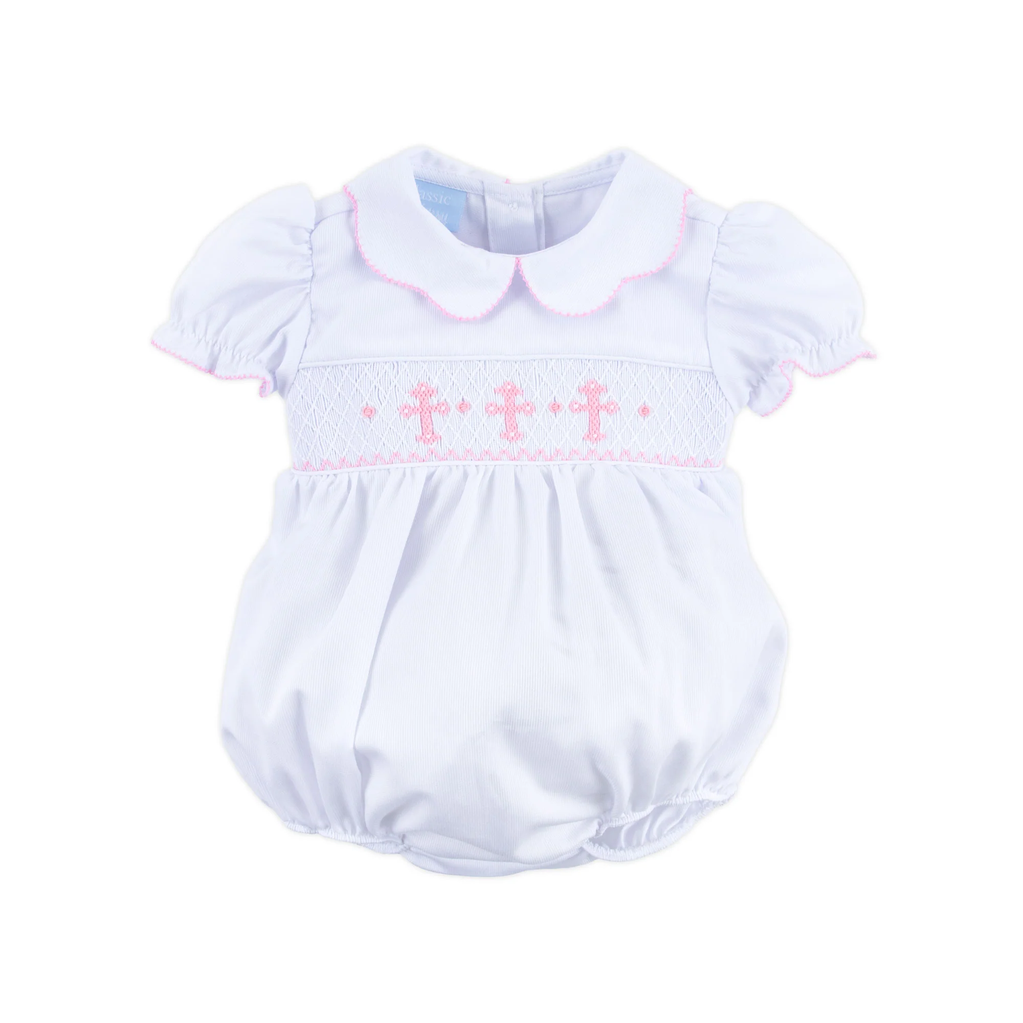 Pink Cross Smocked White Pique Collared Bubble - Image 2