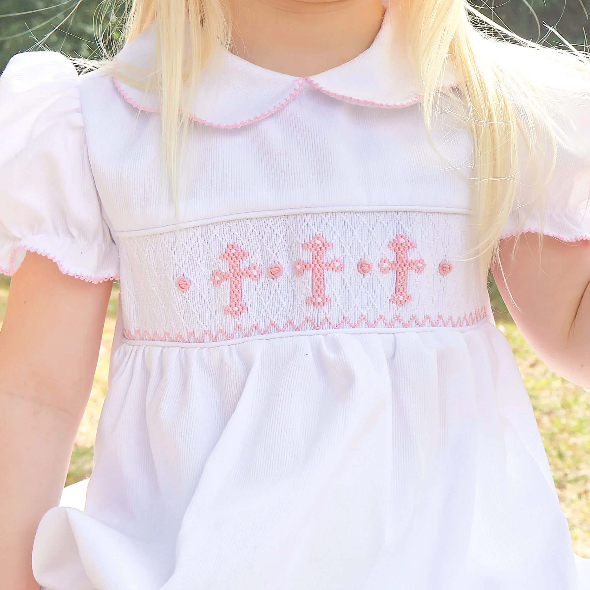 Pink Cross Smocked White Pique Collared Bubble - Image 3