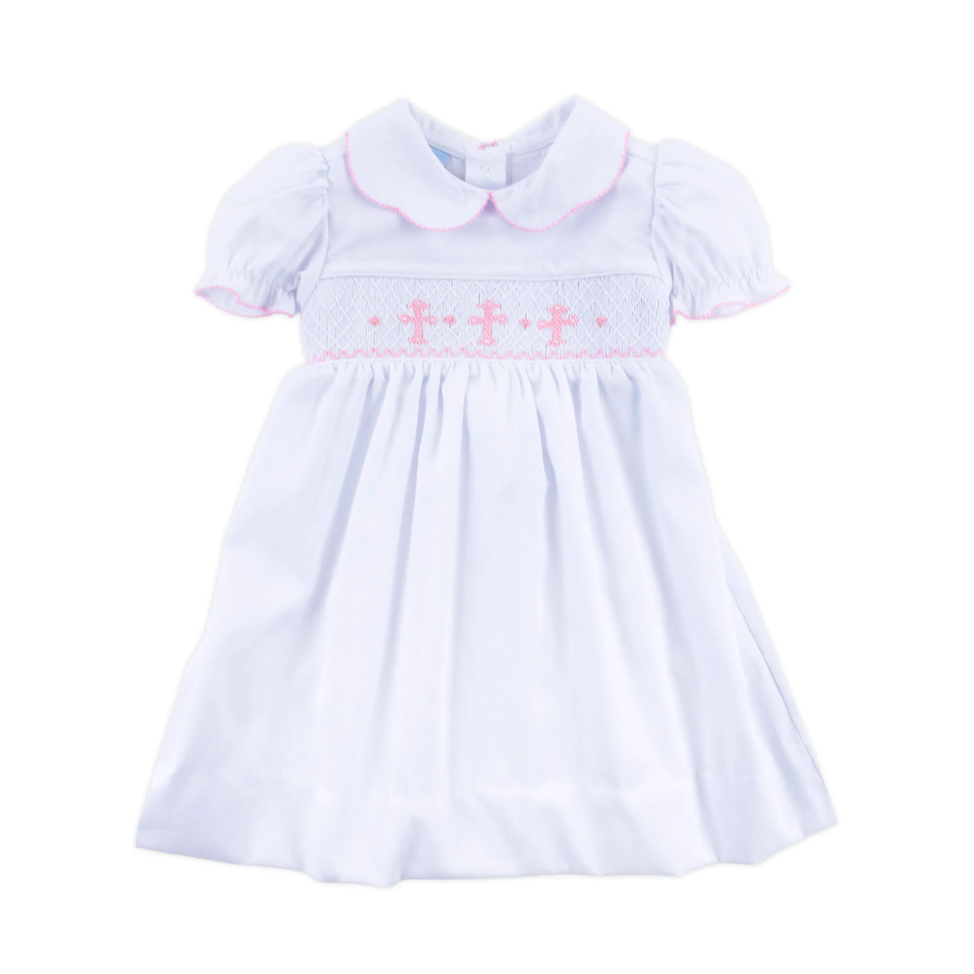 Pink Cross Smocked White Pique Collared Dress