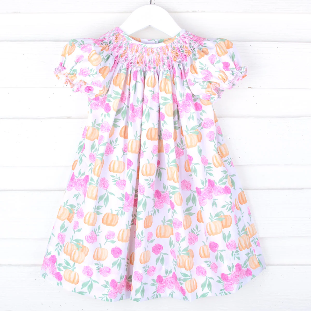 Pink Floral Pumpkin Smocked Bishop Dress - Image 2