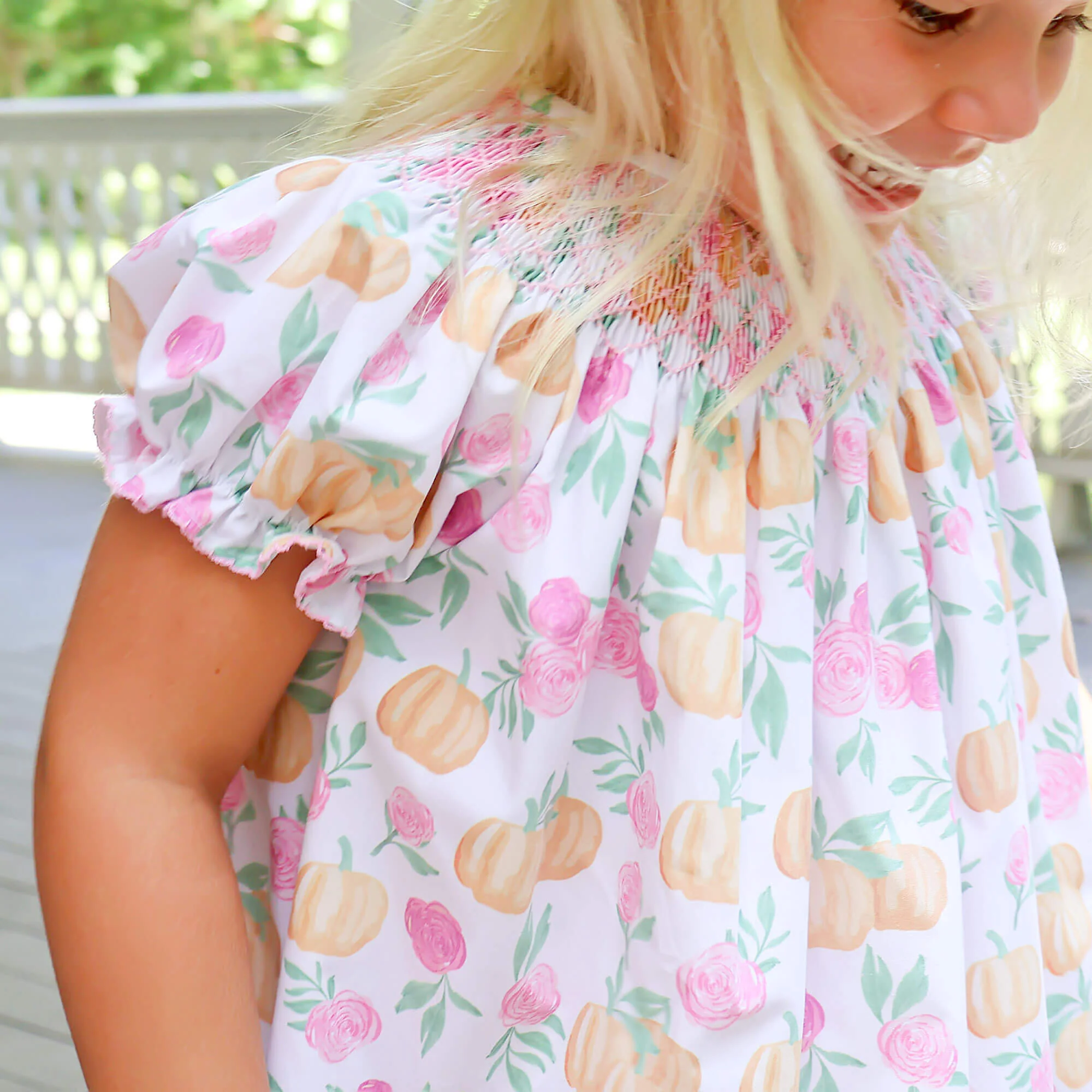 Pink Floral Pumpkin Smocked Bishop Dress - Image 3