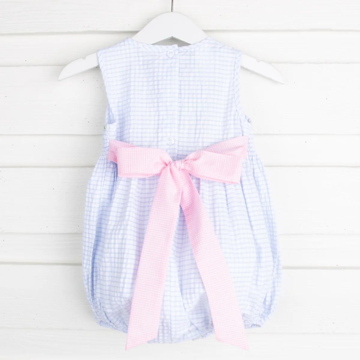 Pink Geometric Chest Smocked Bubble Blue Seersucker - Image 2