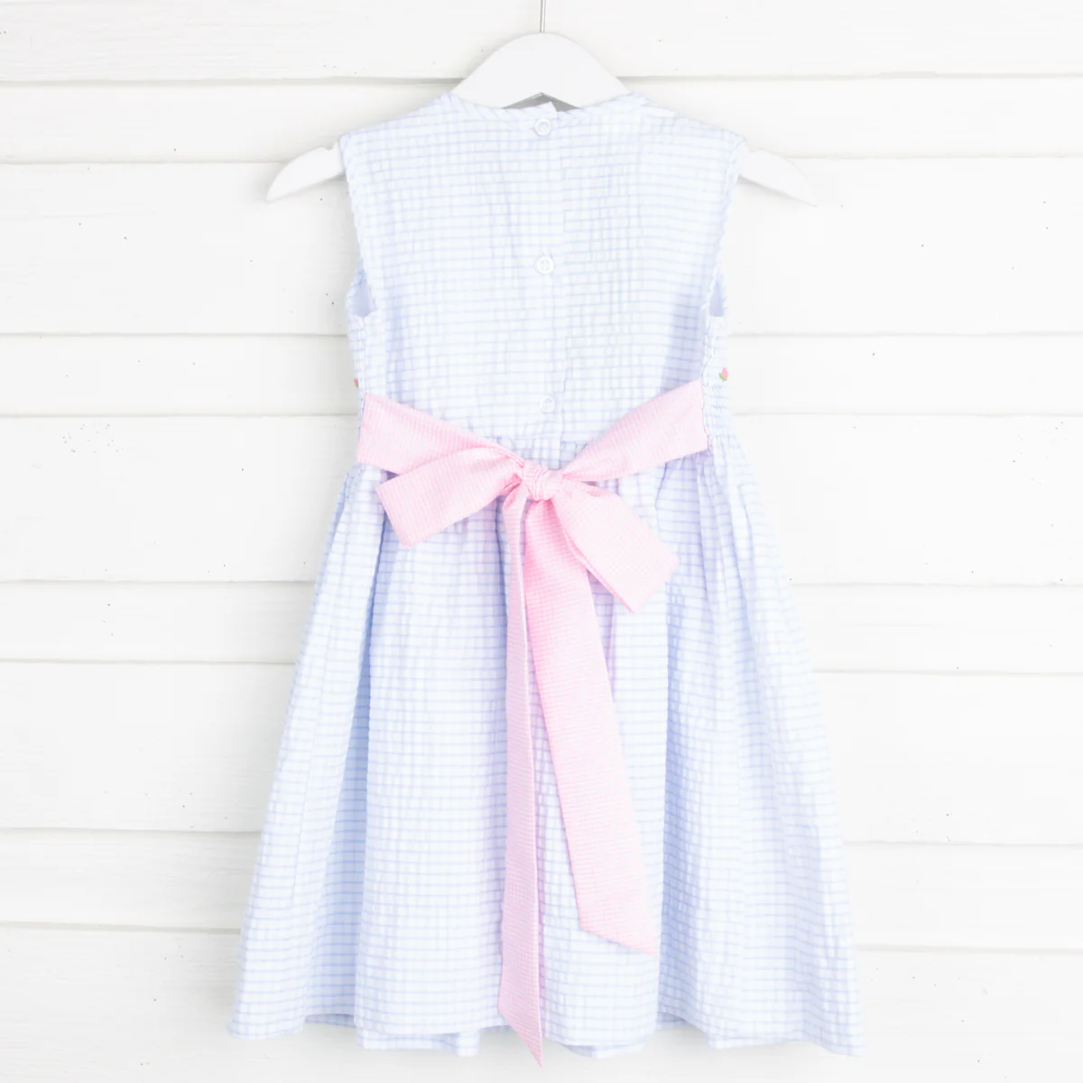 Geometric Smocked Sash Dress Blue Seersucker - Image 2