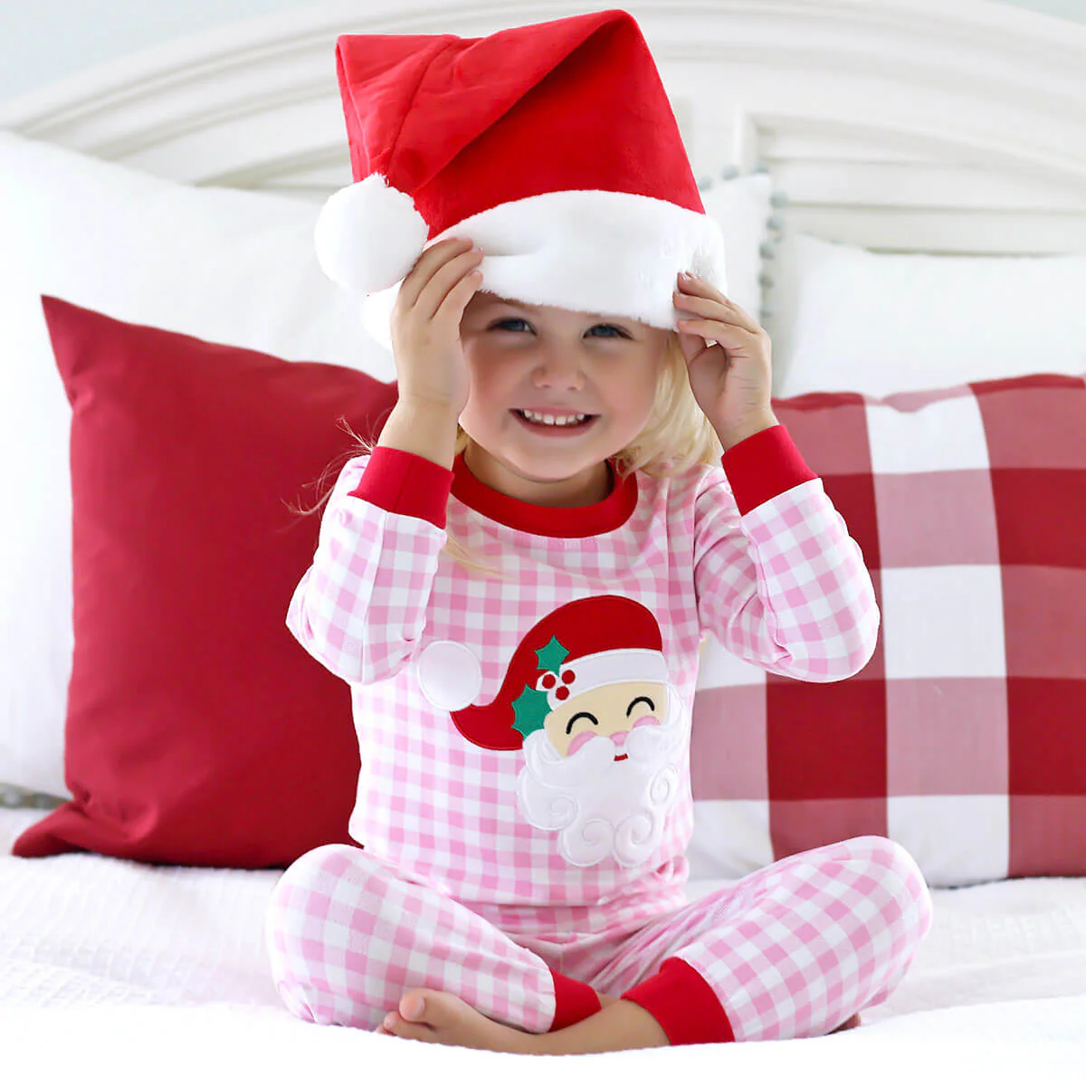 Happy Santa Pink Gingham Pajamas - Image 3