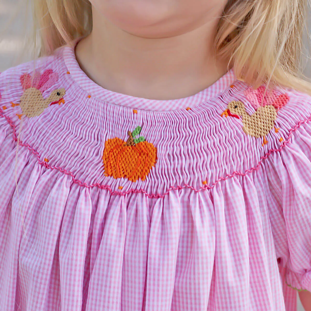 Turkey and Pumpkin Smocked Pink Dress - Image 2