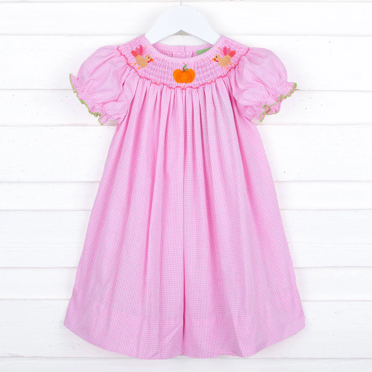 Turkey and Pumpkin Smocked Pink Dress - Image 3