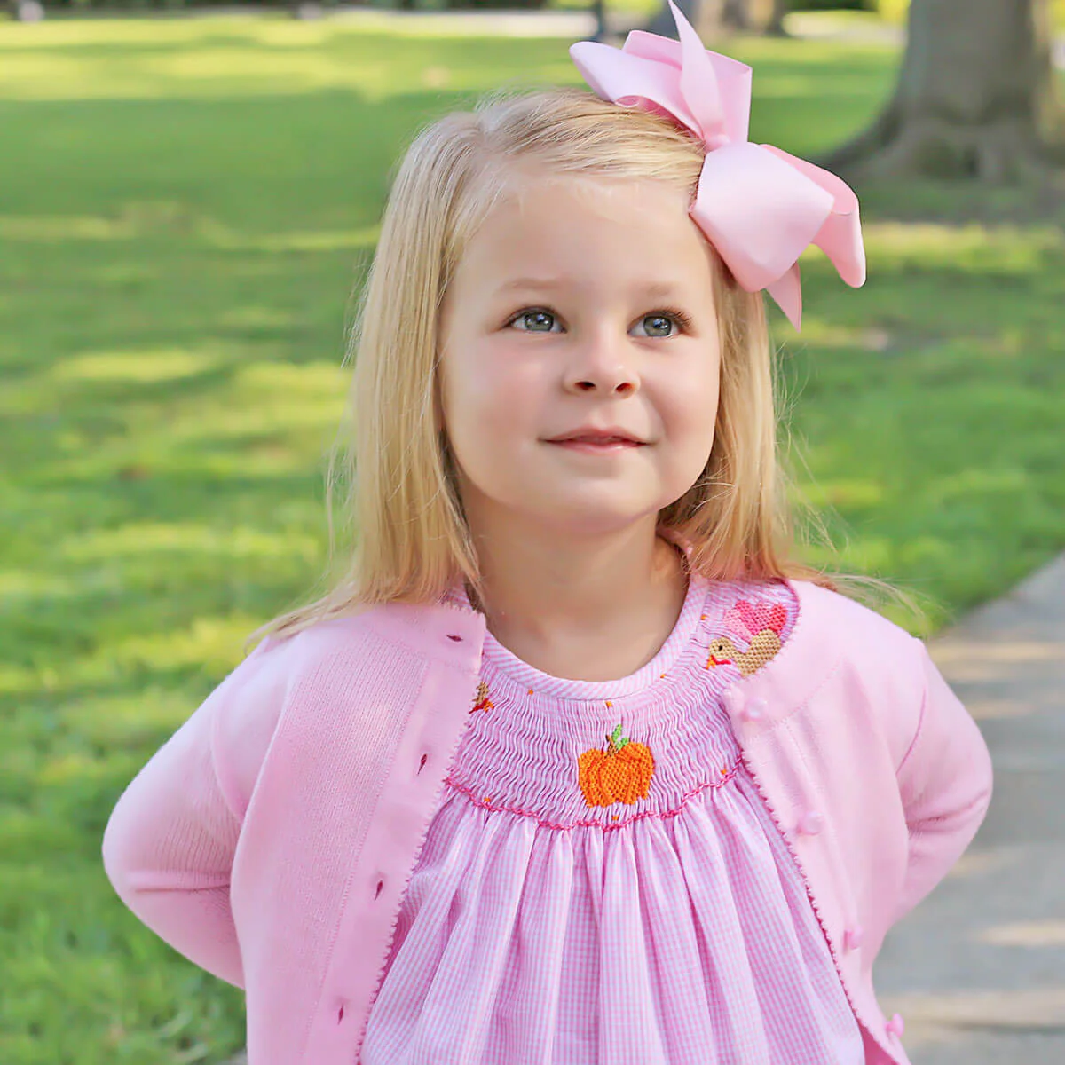 Turkey and Pumpkin Smocked Pink Dress - Image 4