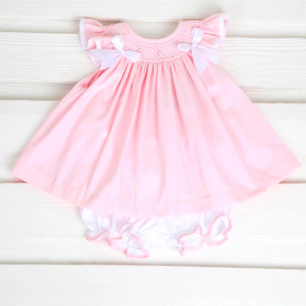 Pink Pique Rosette Smocked Ribbon Bloomer Set - Image 2