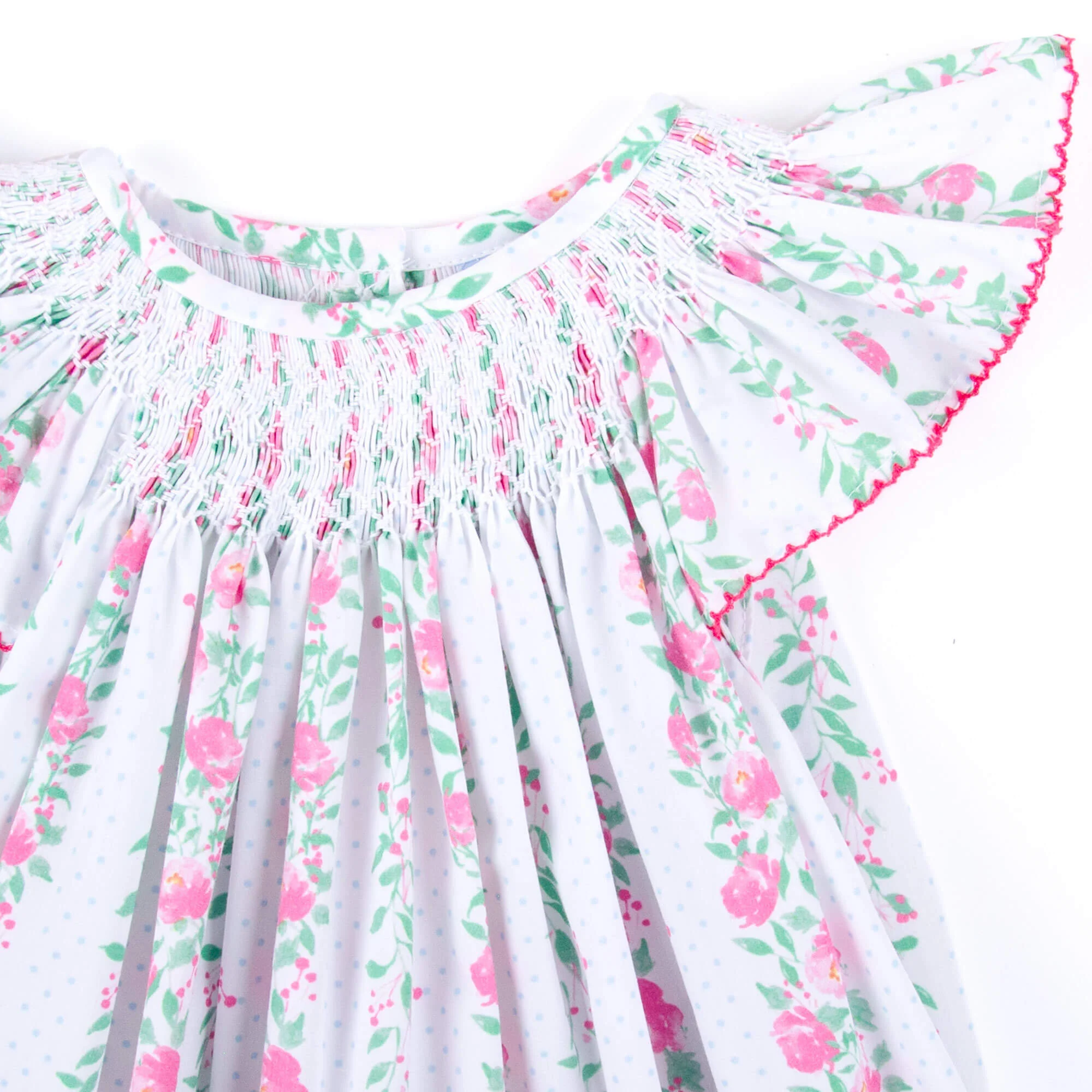 Pink Rose Floral Smocked Angel Sleeve Bubble - Image 2