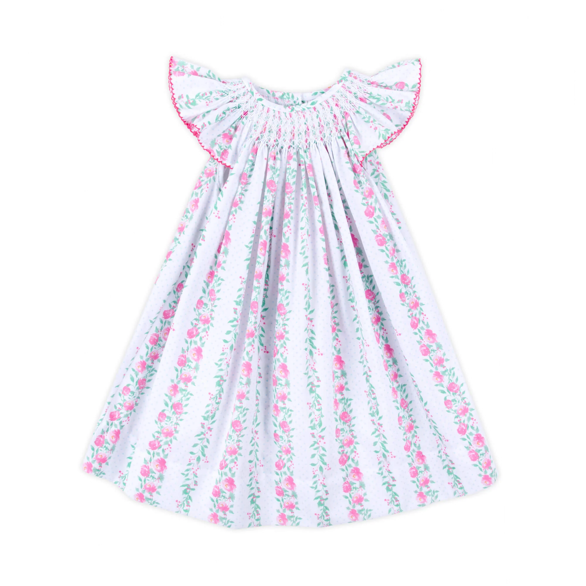 Pink Rose Floral Smocked Angel Sleeve Dress - Image 3