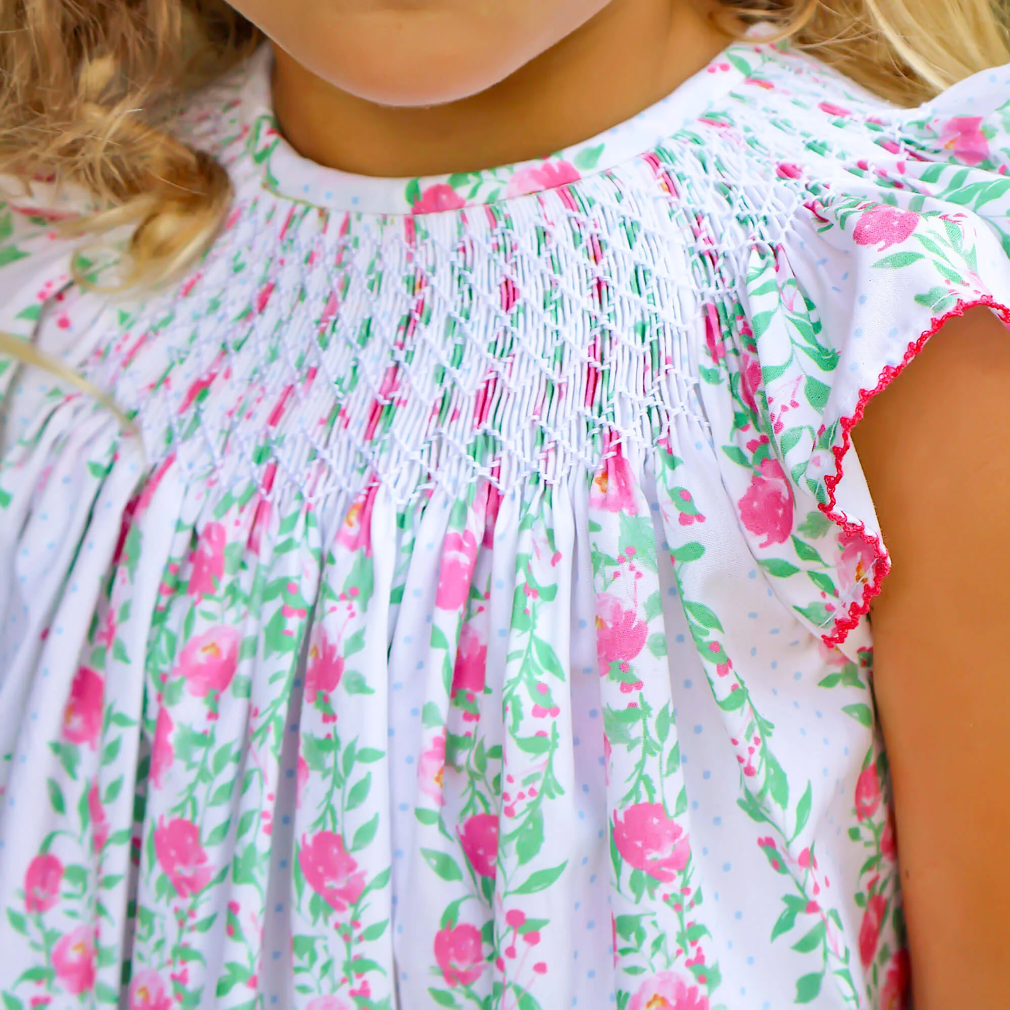 Pink Rose Floral Smocked Angel Sleeve Dress - Image 4
