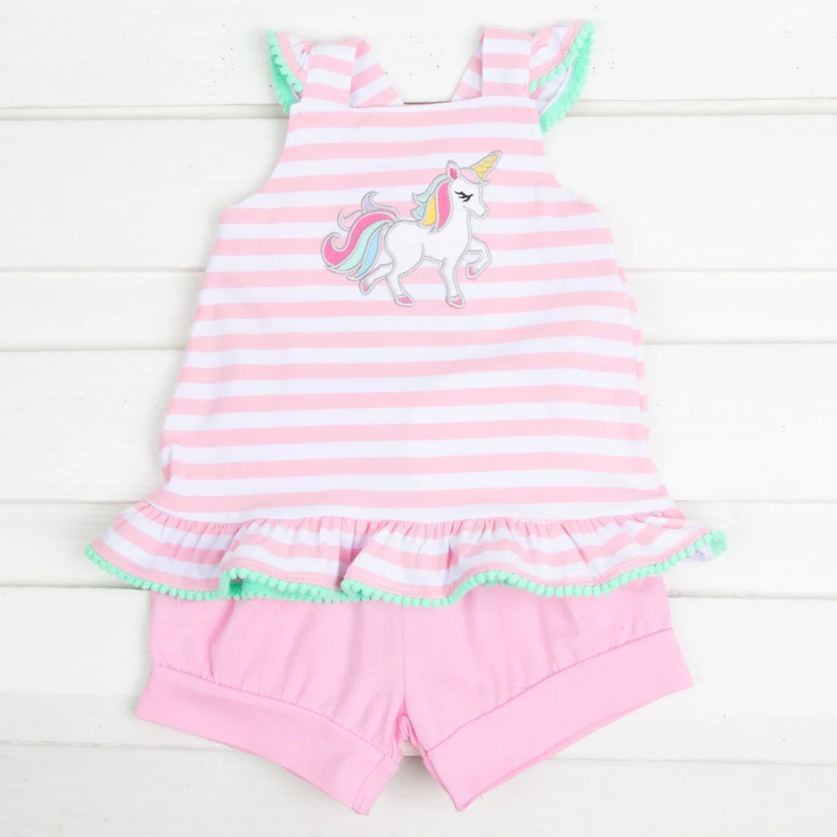 Pink Stripe Cross Back Unicorn Short Set - Image 2