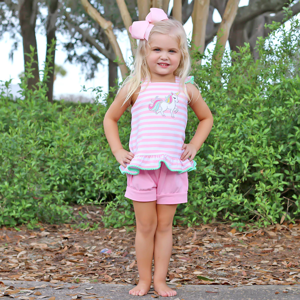Pink Stripe Cross Back Unicorn Short Set - Image 4