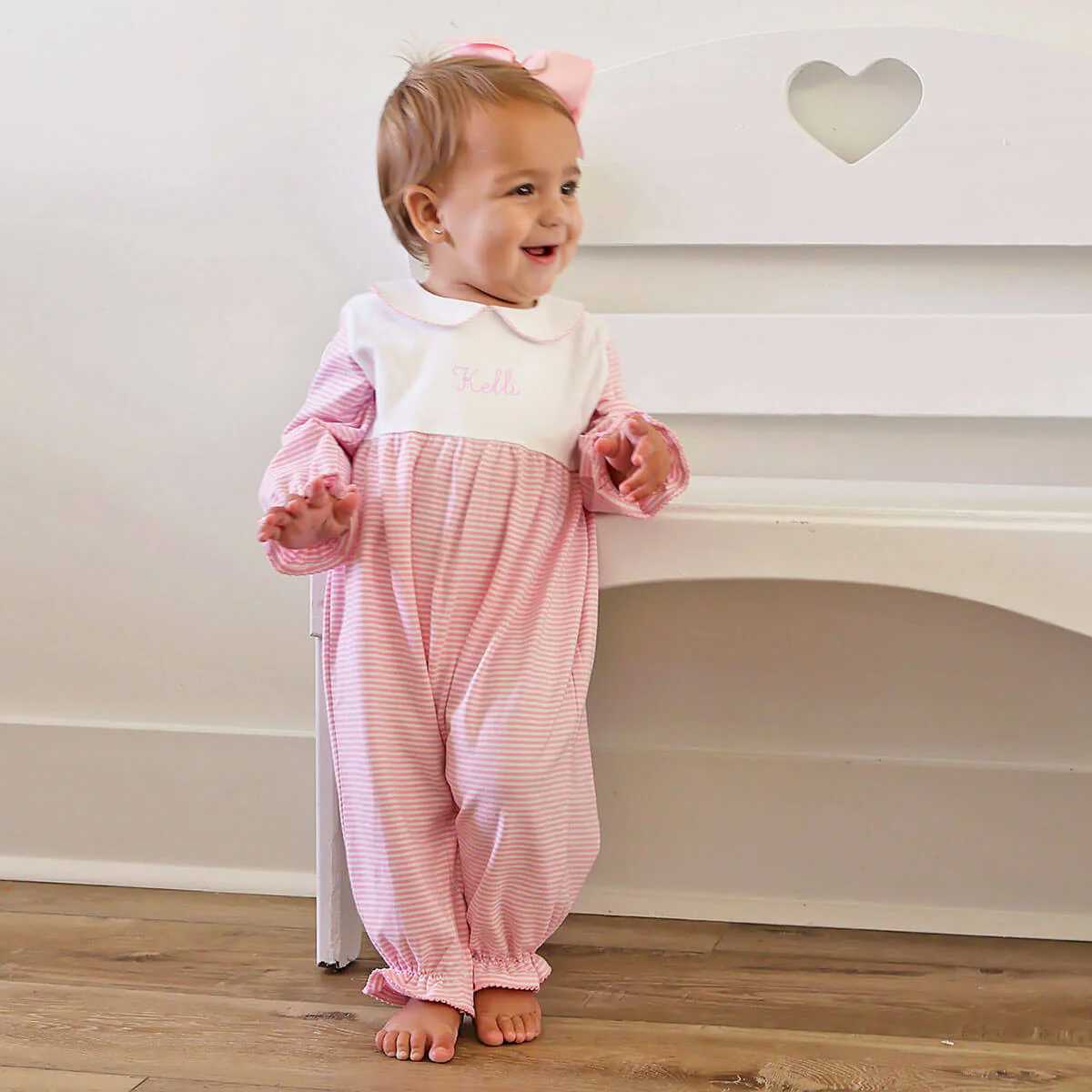 Pink & White Stripe Ruffle Romper - Image 5