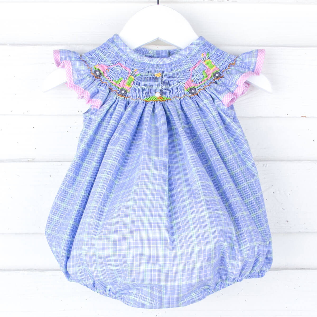 Play Golf Blue Plaid Smocked Angel Sleeve Bubble - Image 2