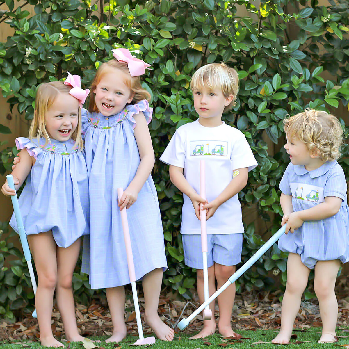Play Golf Blue Plaid Smocked Angel Sleeve Bubble - Image 3