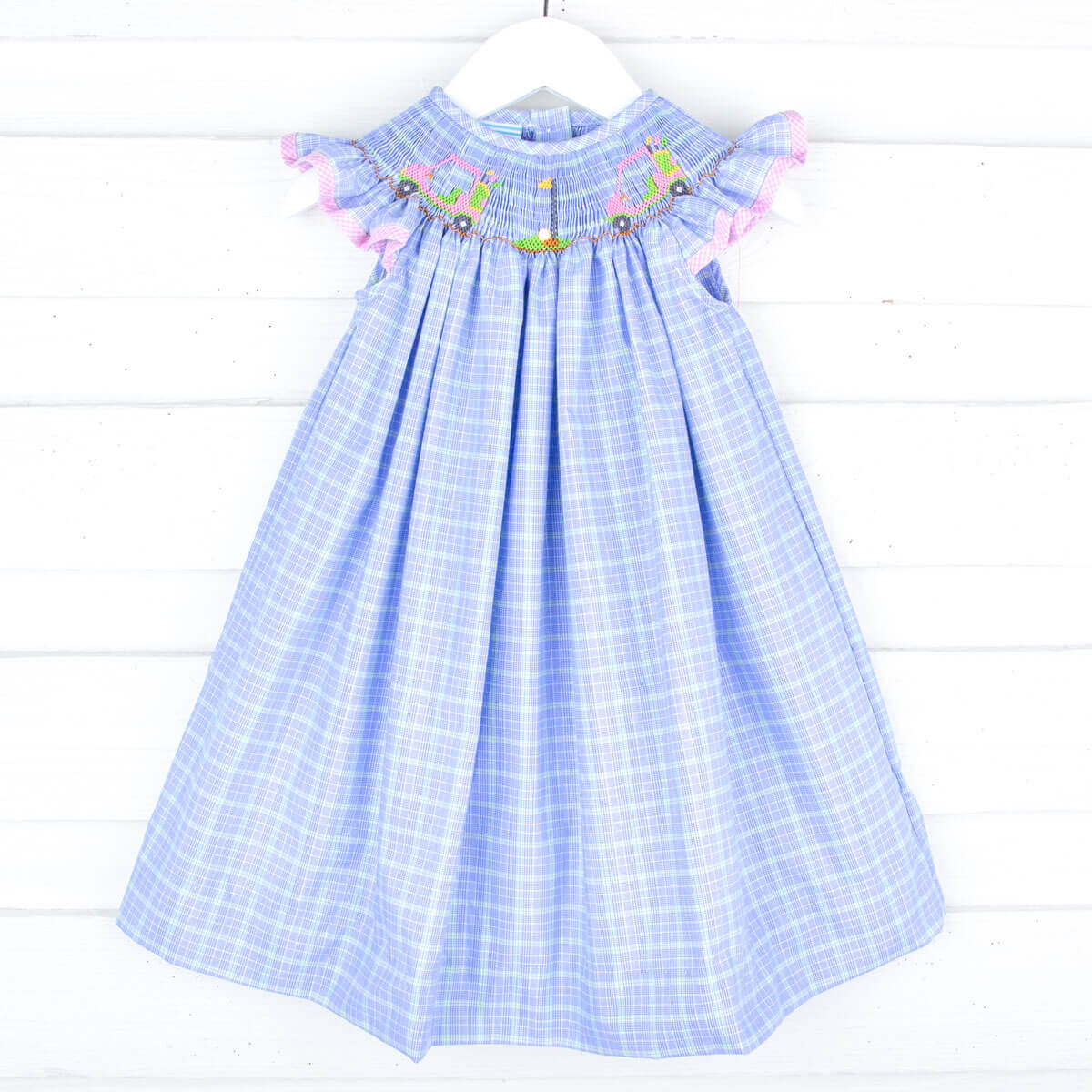 Play Golf Blue Plaid Smocked Angel Sleeve Dress - Image 2