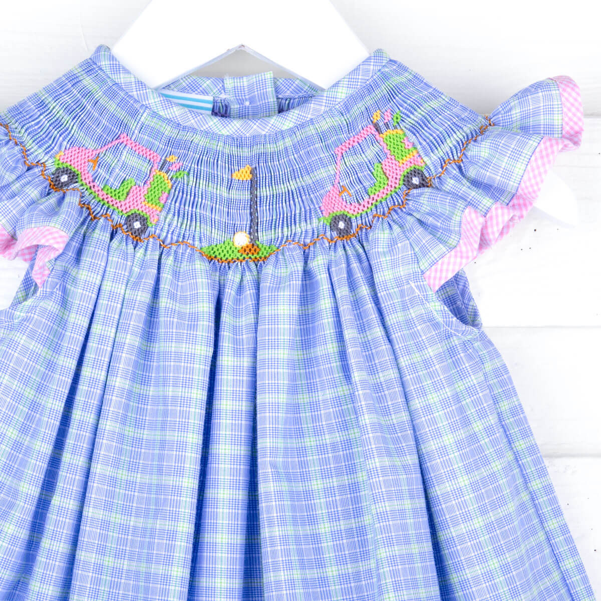 Play Golf Blue Plaid Smocked Angel Sleeve Dress - Image 4