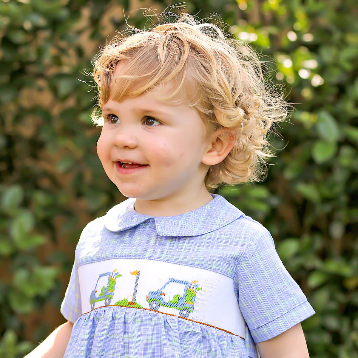 Play Golf Blue Plaid Smocked Collared Bubble - Image 3