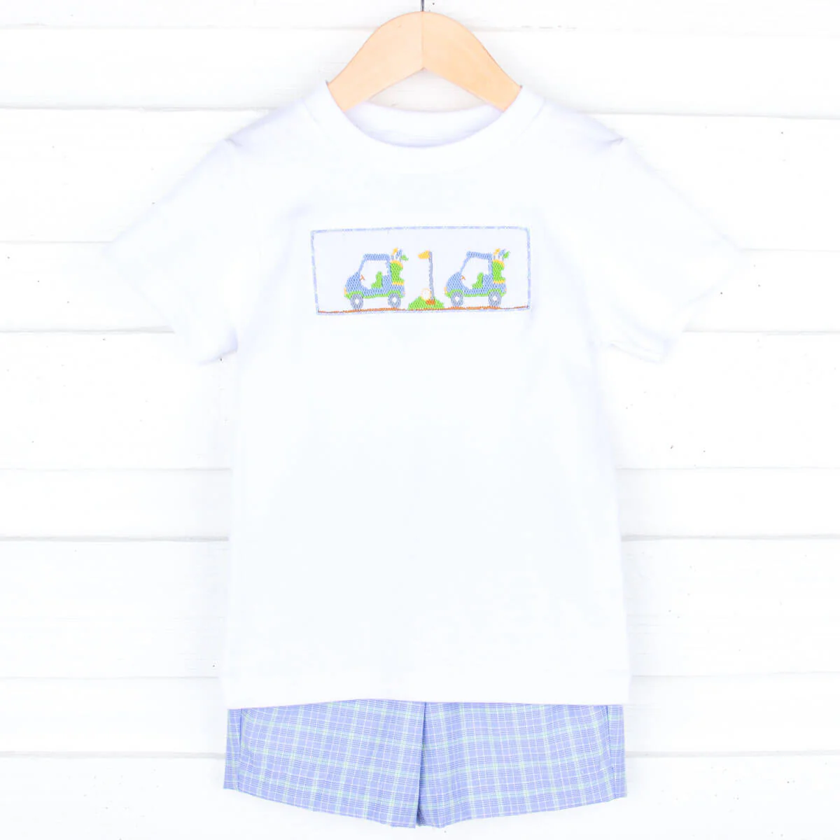Play Golf Blue Plaid Smocked Short Set - Image 2