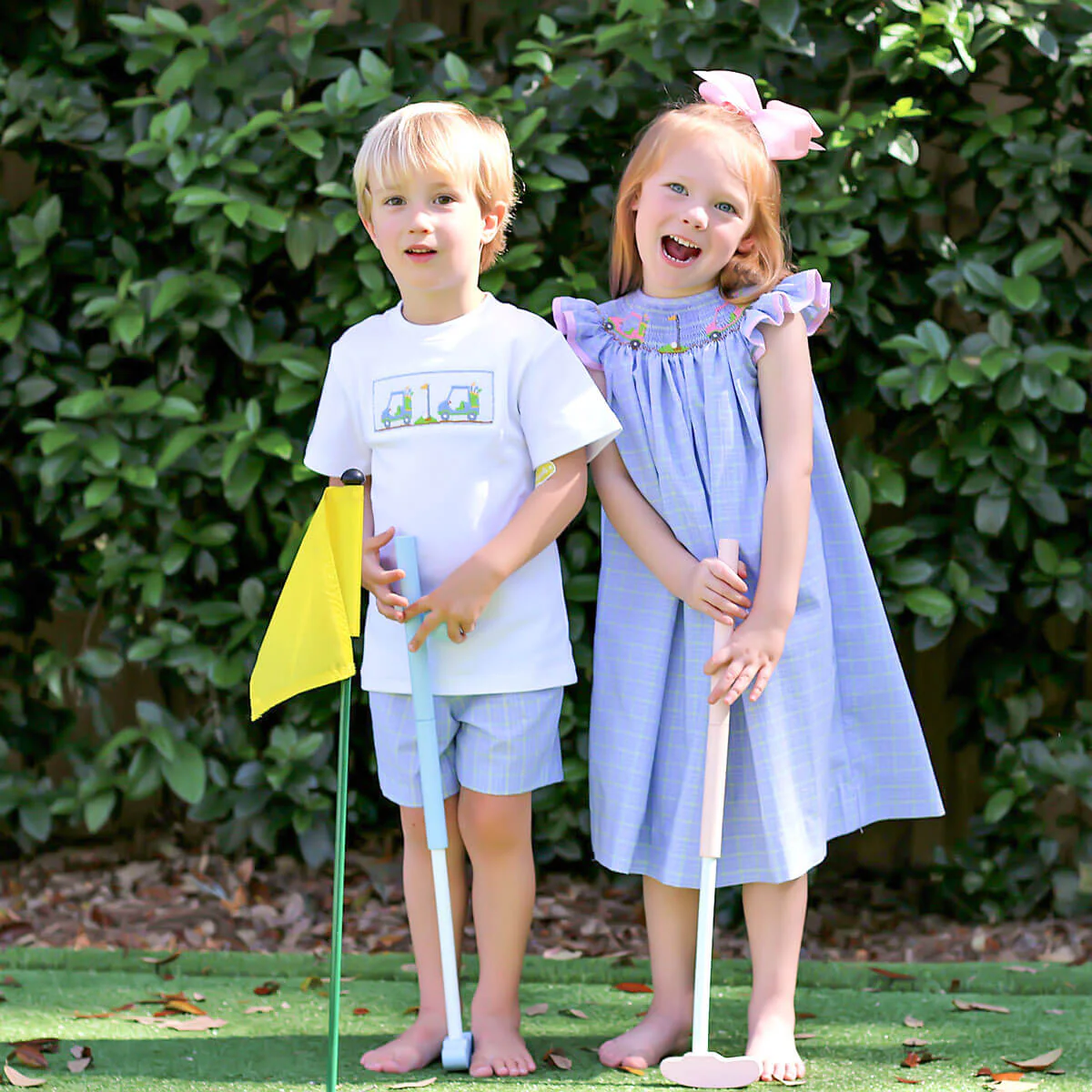 Play Golf Blue Plaid Smocked Short Set - Image 4