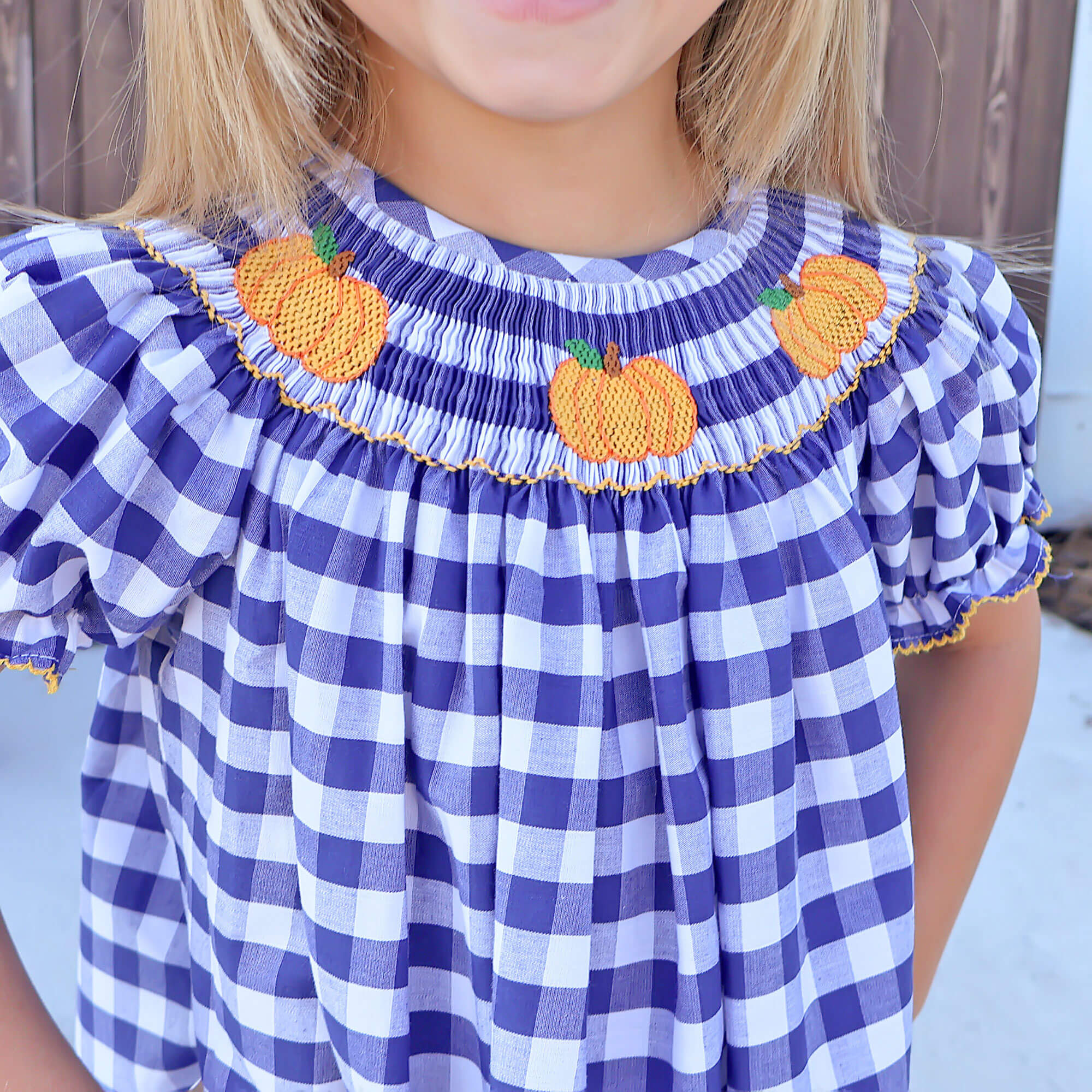 Pumpkin Smocked Navy Check Bishop Dress - Image 3