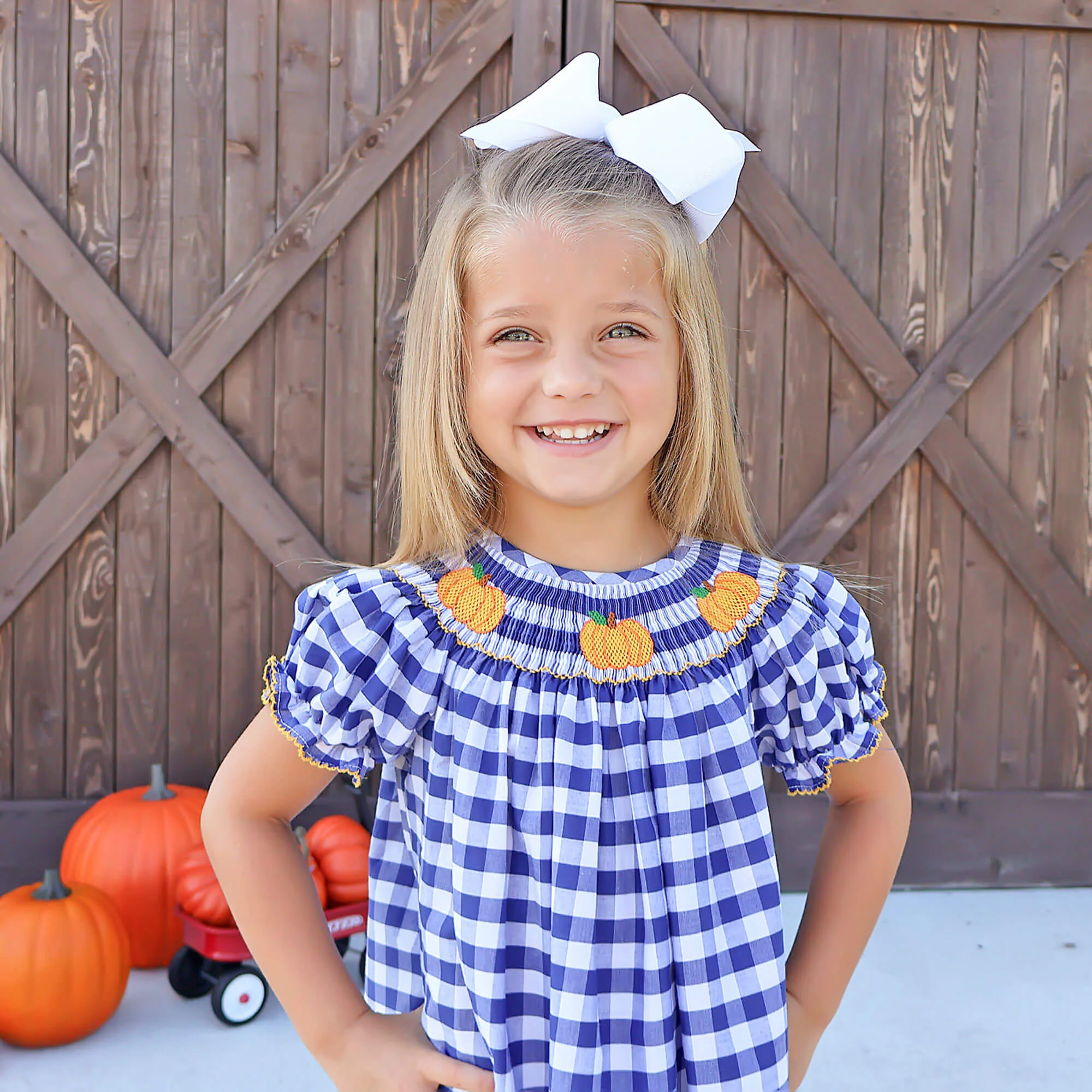 Pumpkin Smocked Navy Check Bishop Dress - Image 4
