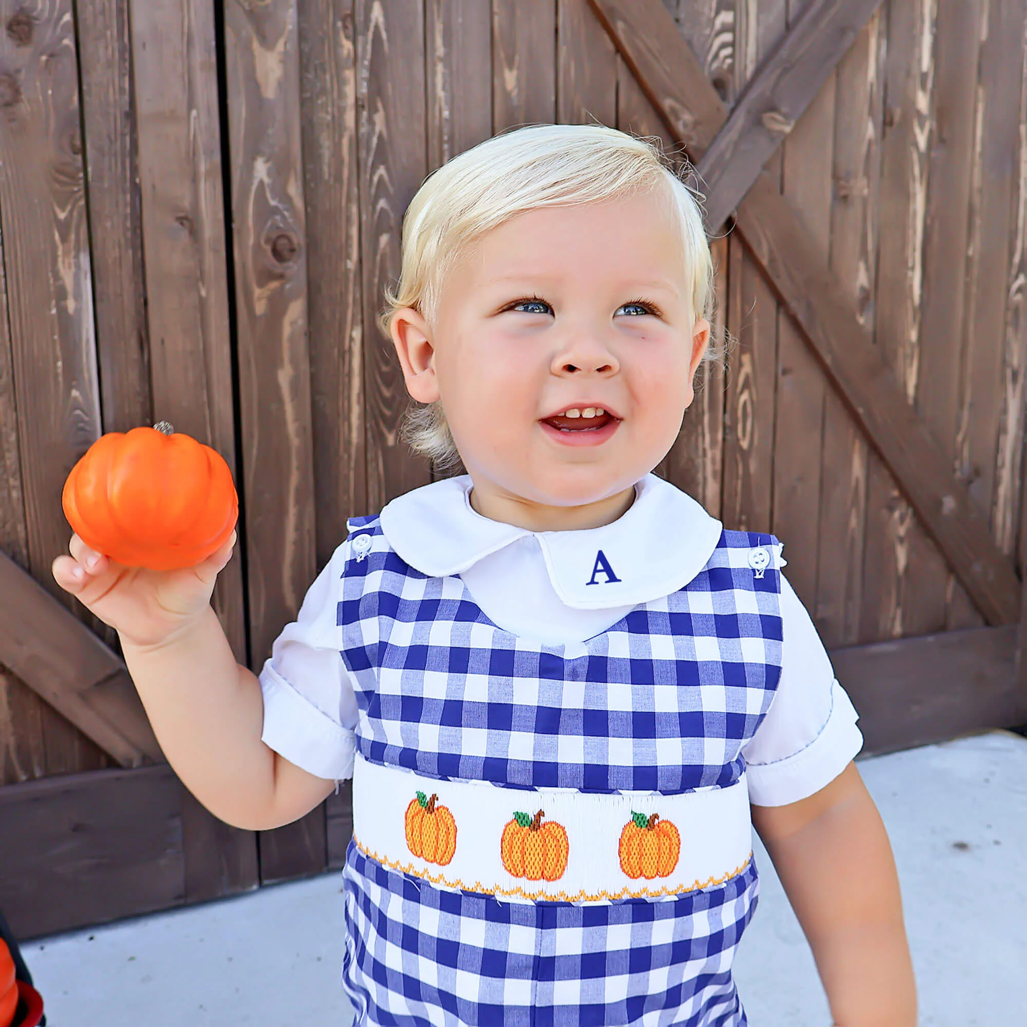 Pumpkin Smocked Navy Check Jon Jon - Image 3