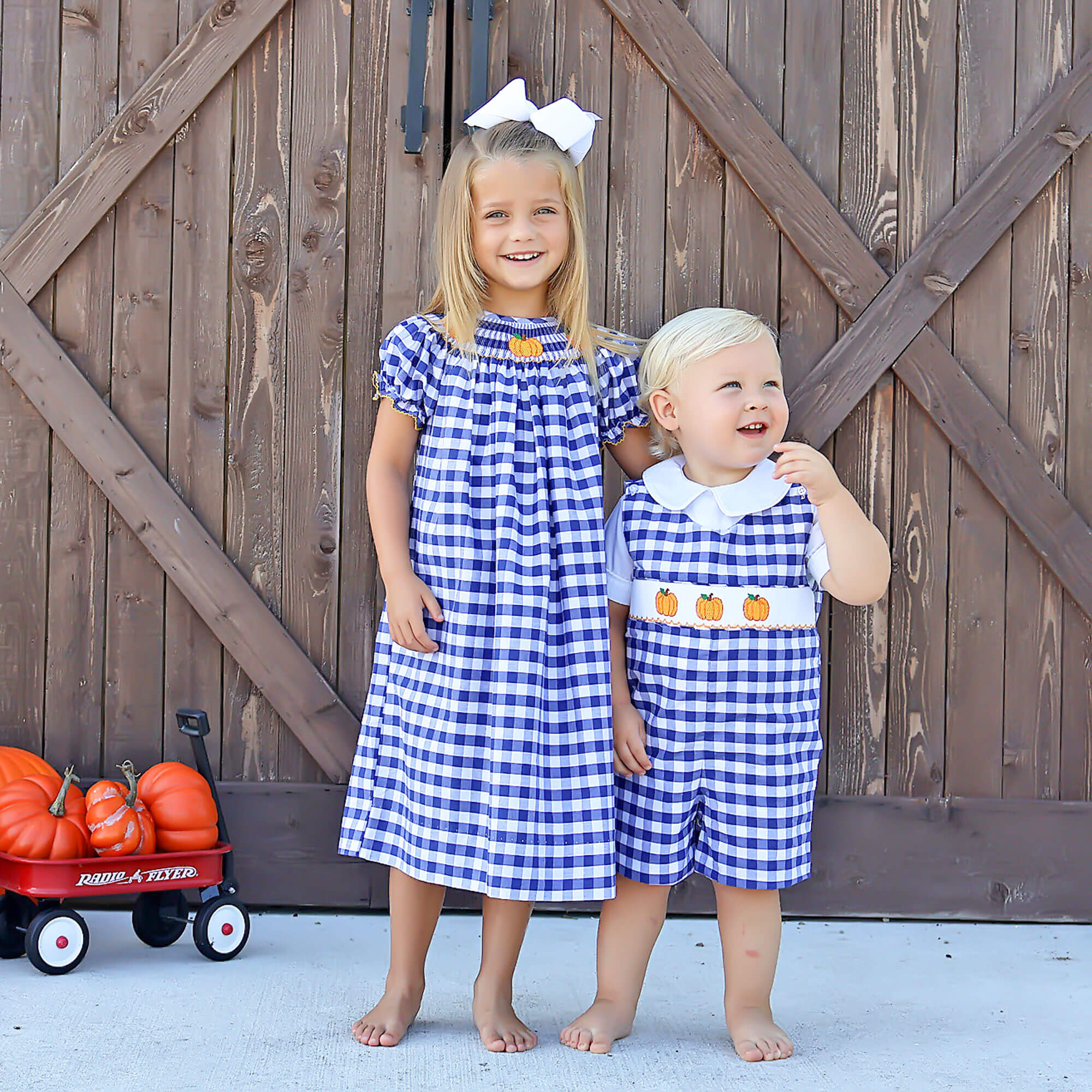 Pumpkin Smocked Navy Check Jon Jon - Image 4