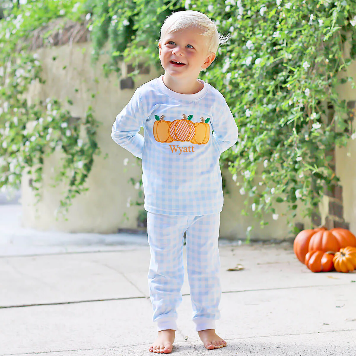 Pumpkin Cluster Blue Gingham Pajamas - Image 3